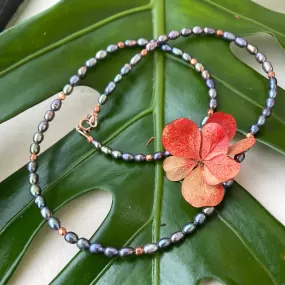 Black Mini Rice pearl Necklace w Solid Copper Beads & Rose Gold Filled Closure, 14.5 to 19inches