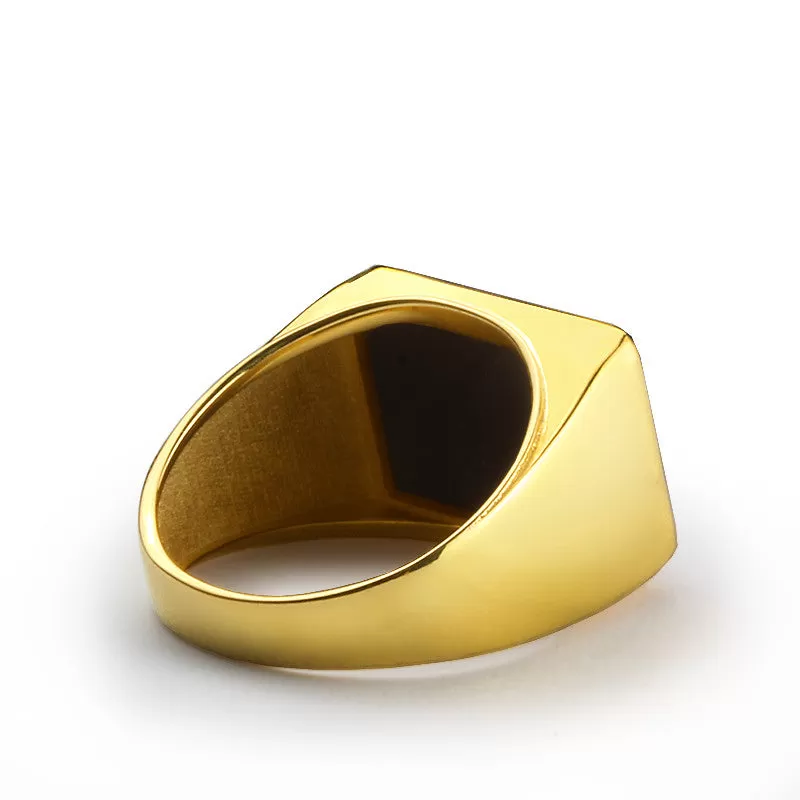 Black Onyx Ring for Men in 14K Solid Yellow Gold, Men's Statement Ring