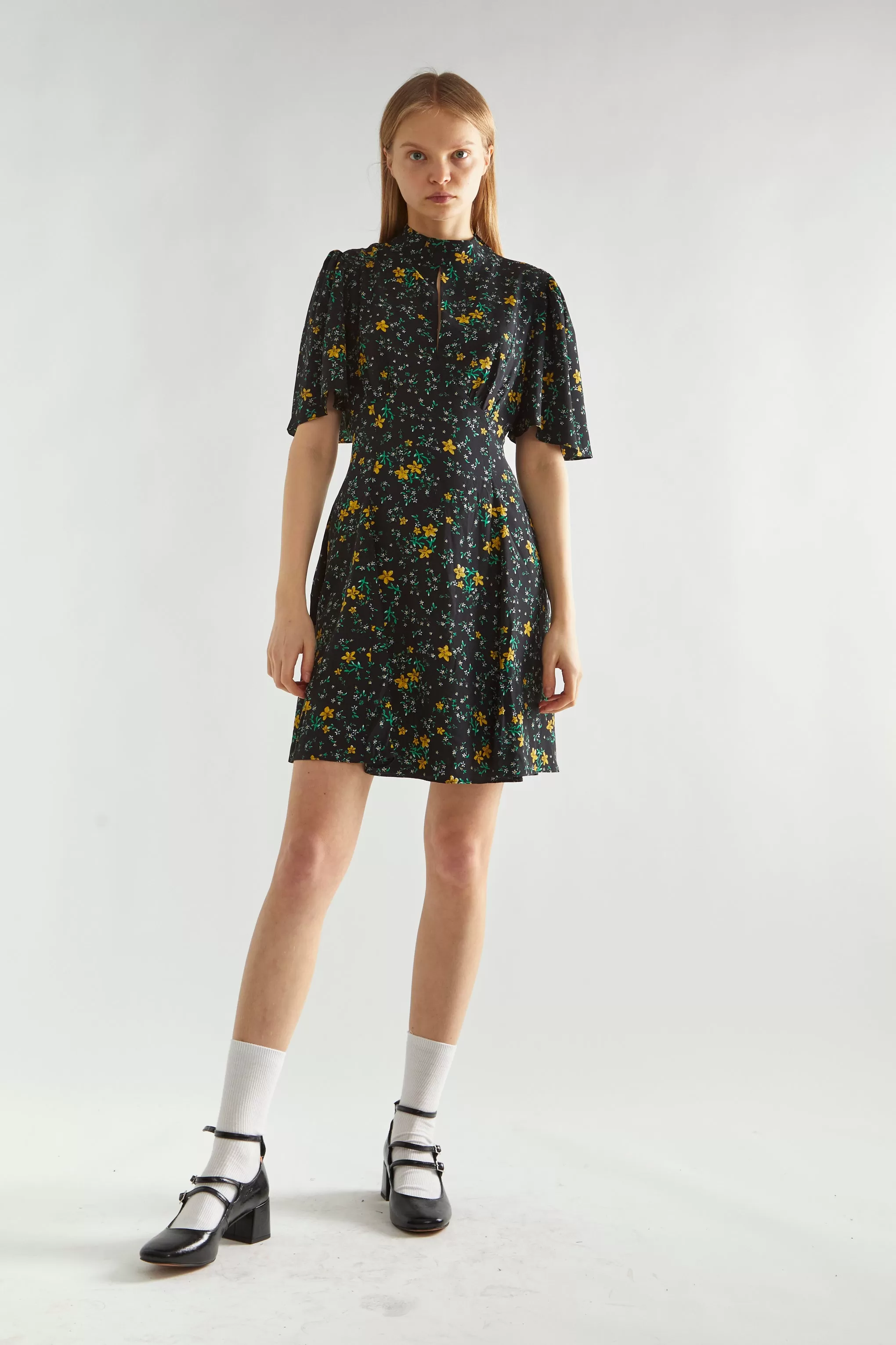 Black-Yellow Mini Floral High-Neck Mini Tea-Dress