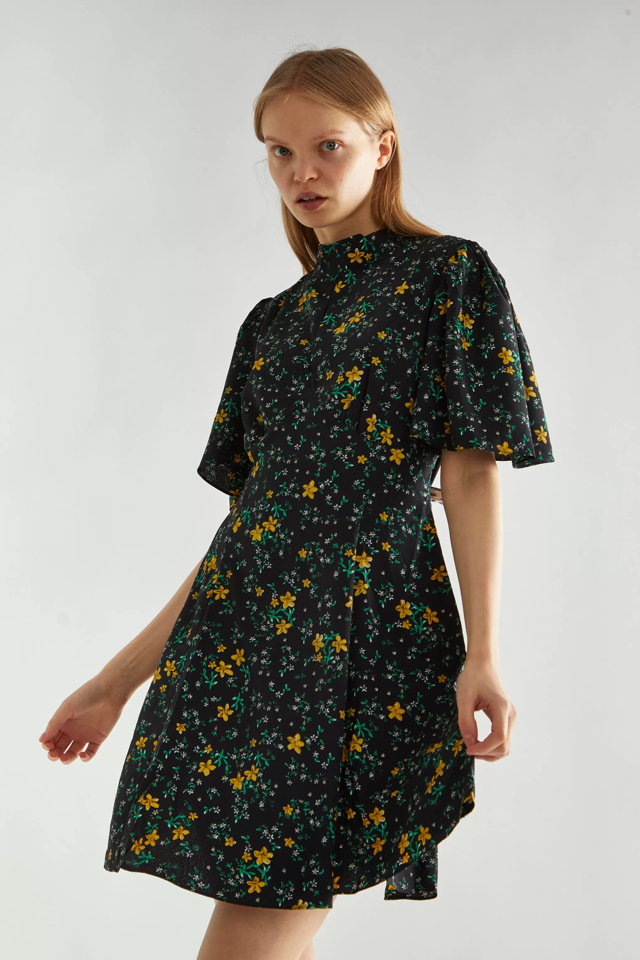 Black-Yellow Mini Floral High-Neck Mini Tea-Dress