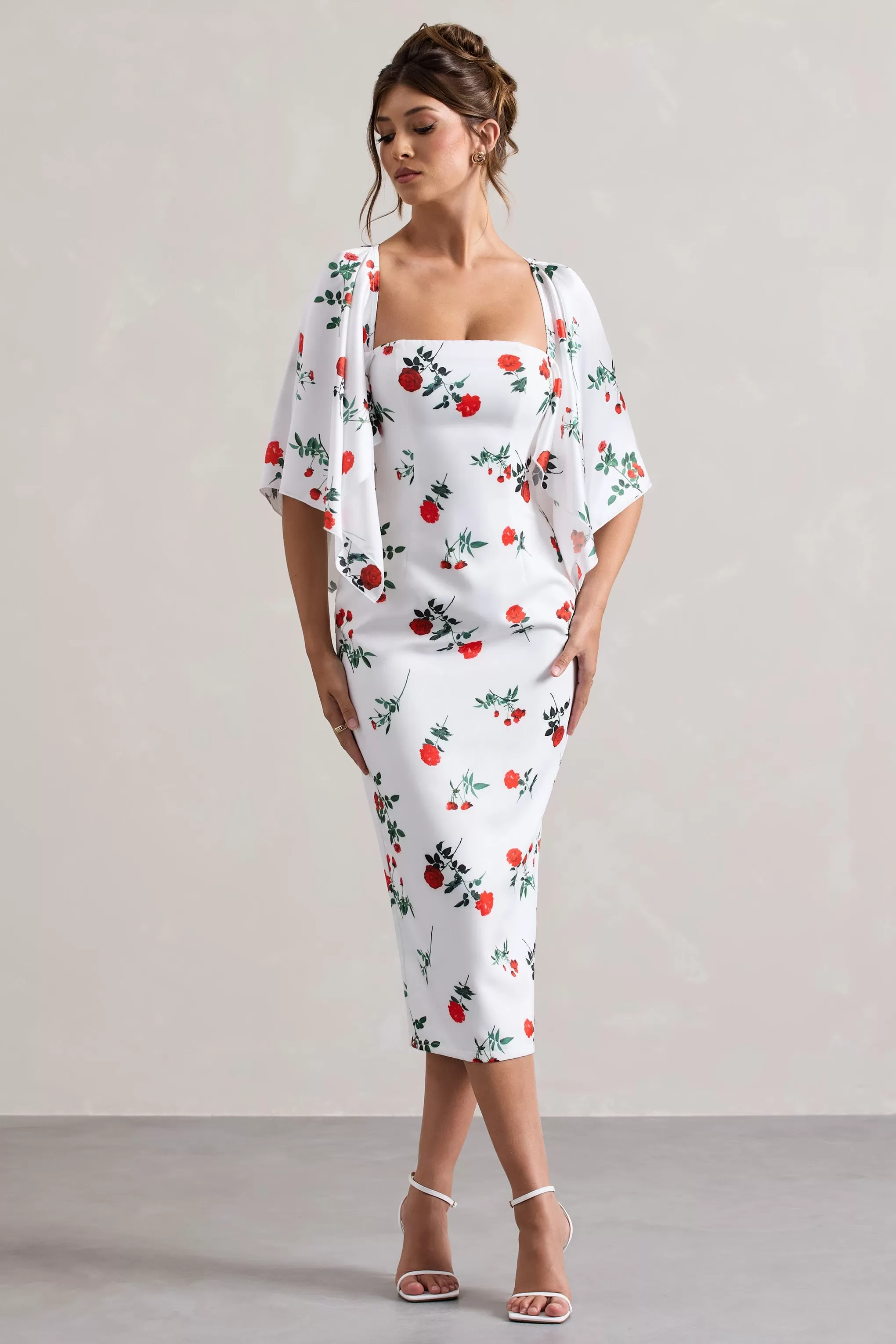 Bonita | Rose Print Cape-Sleeve Midi Dress