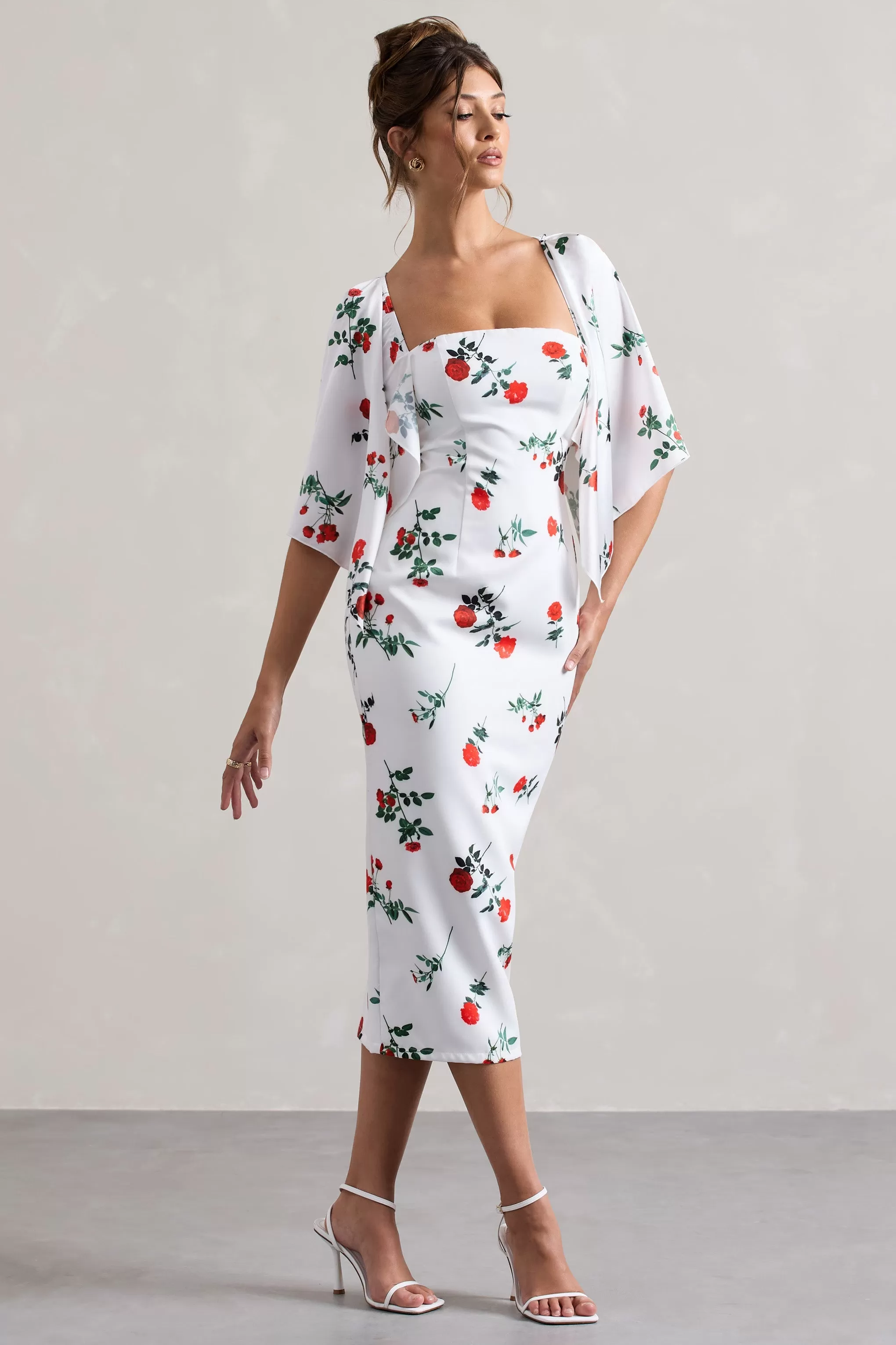 Bonita | Rose Print Cape-Sleeve Midi Dress