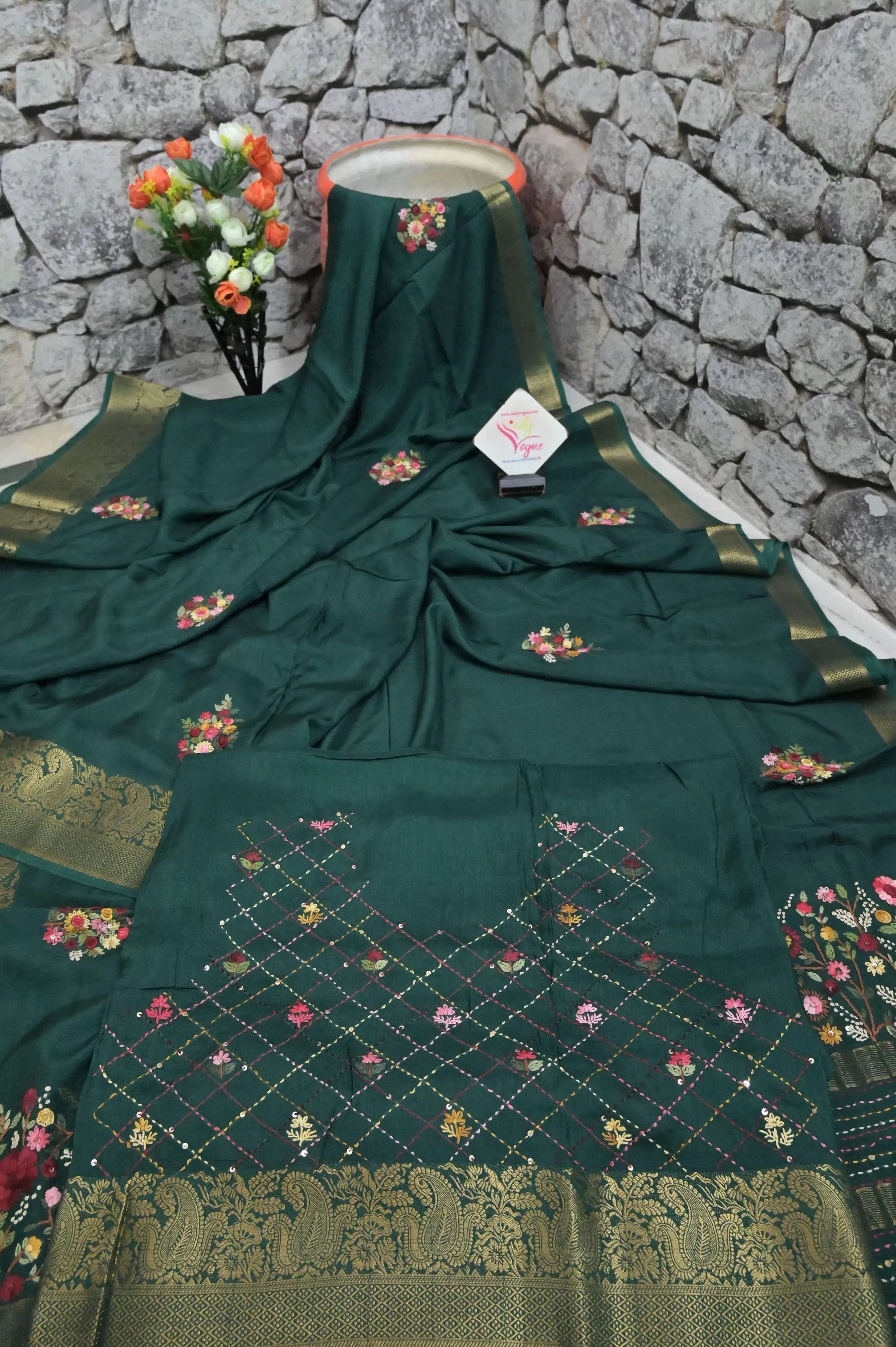 Bottle Green Color Kantha Stitched Chinon Silk with Hand Bullion Embroidery and French Knot