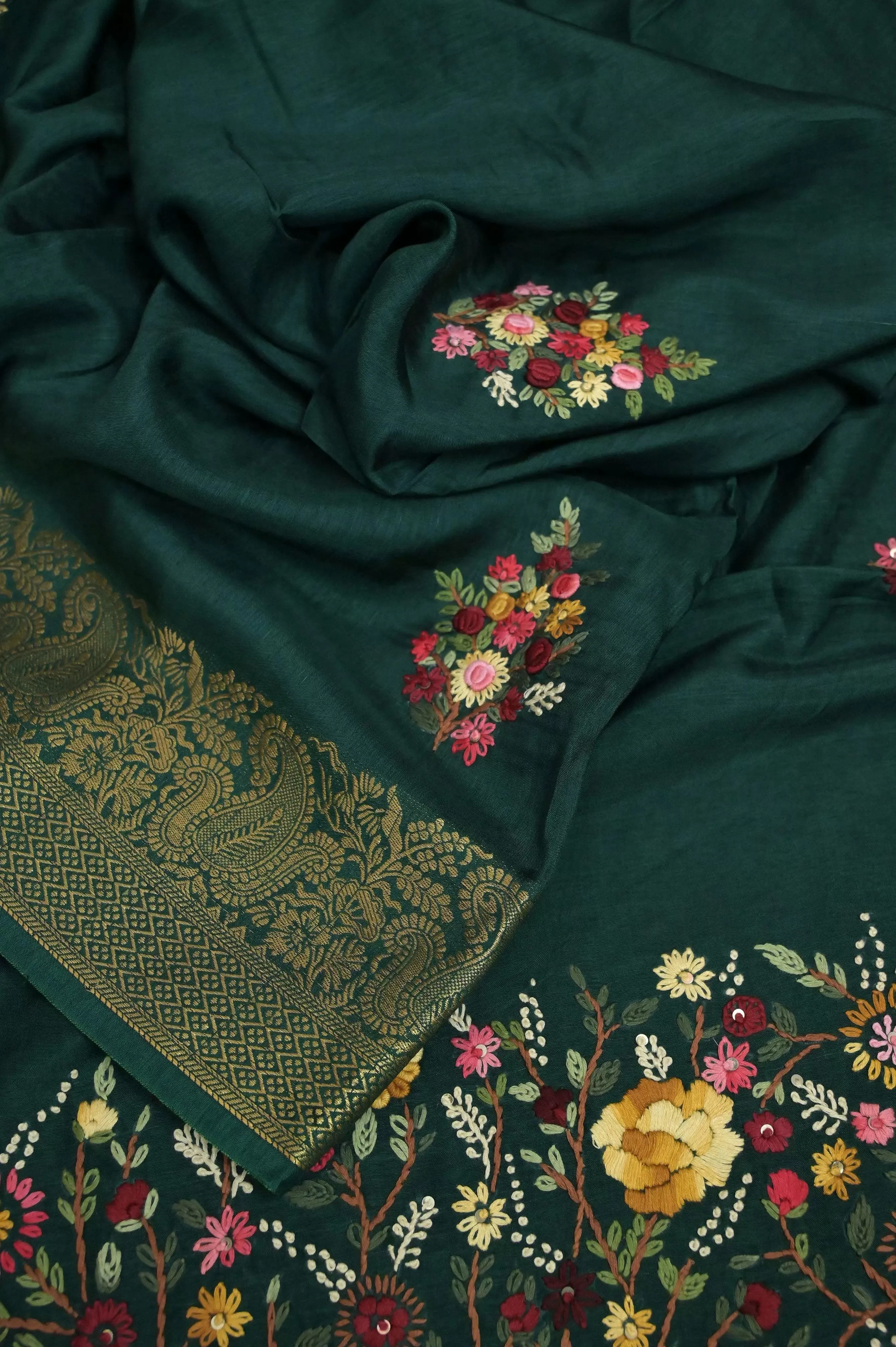 Bottle Green Color Kantha Stitched Chinon Silk with Hand Bullion Embroidery and French Knot