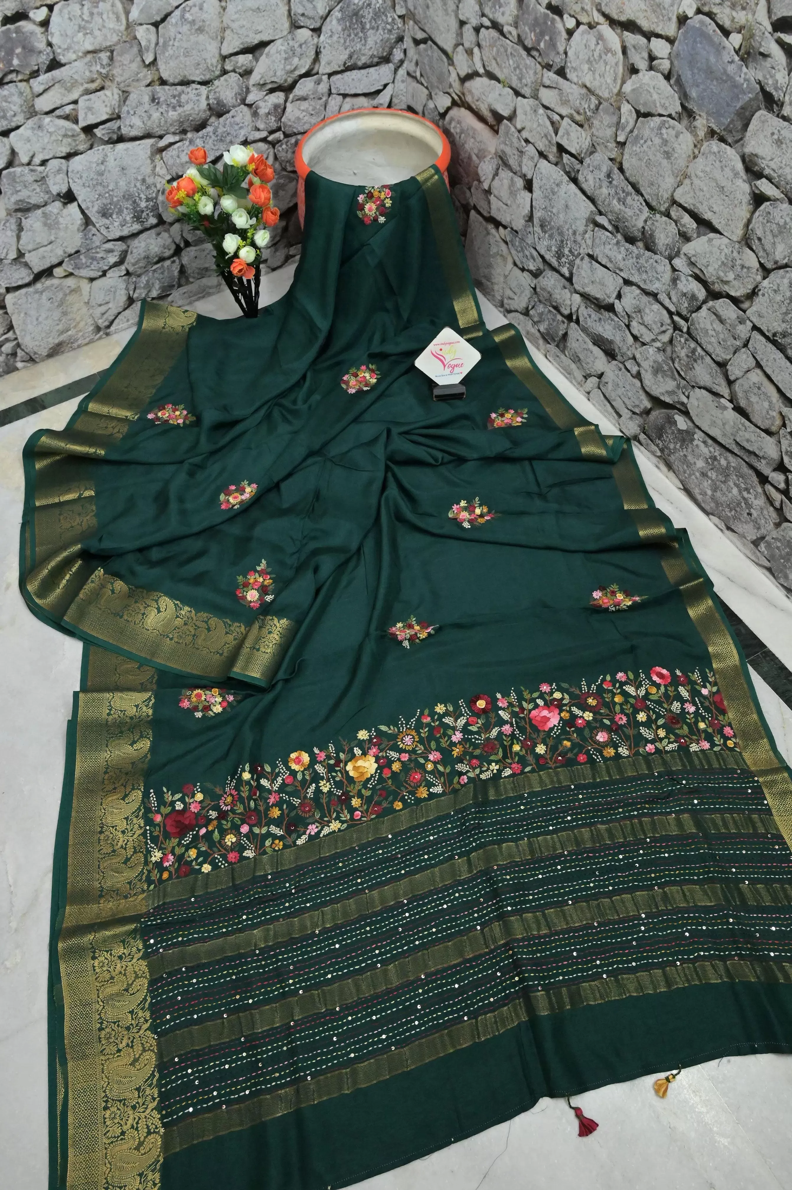 Bottle Green Color Kantha Stitched Chinon Silk with Hand Bullion Embroidery and French Knot