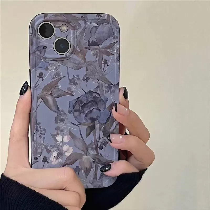 Charming Gray Flowers Oil Painting Cute Phone Cases For iPhone 12 Pro Max 13 11 14 And 14 Pro