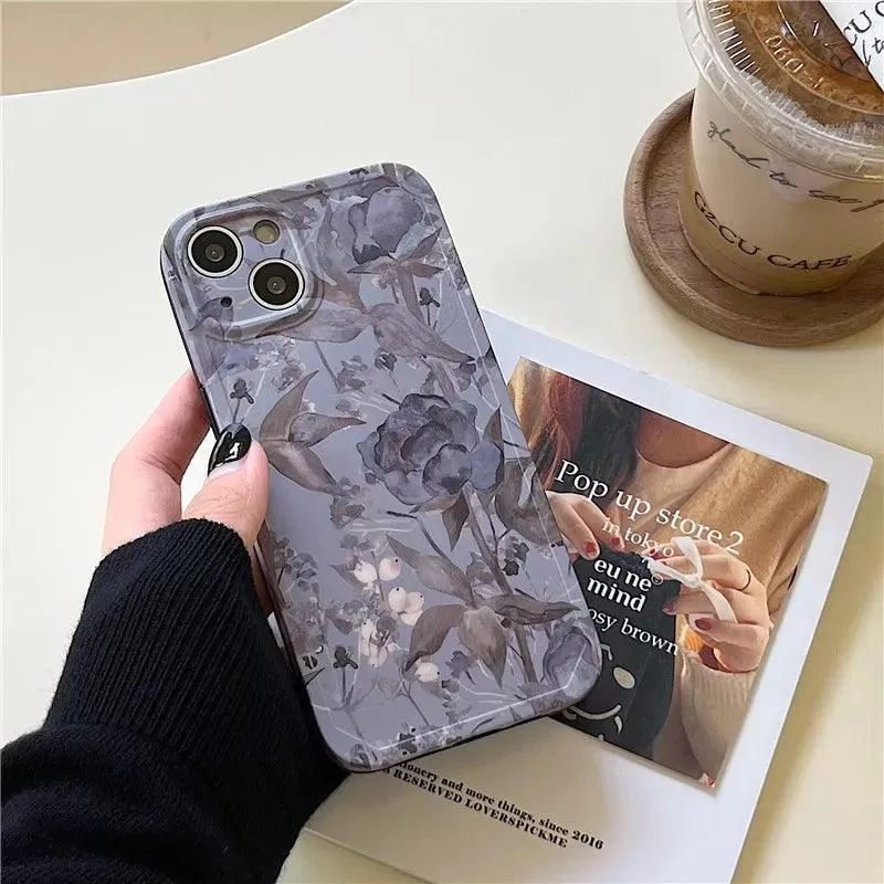 Charming Gray Flowers Oil Painting Cute Phone Cases For iPhone 12 Pro Max 13 11 14 And 14 Pro