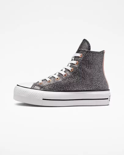 Converse women's high wedge sneakers Chuck Taylor All Star Lift Platform Metallic Glitter A01301C black-copper-white 