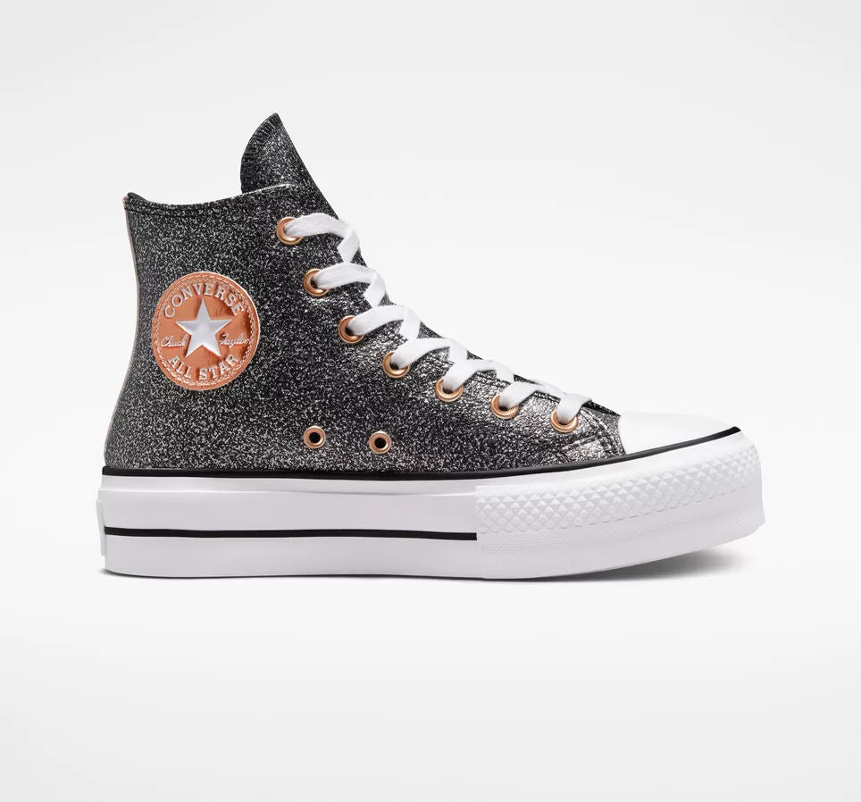 Converse women's high wedge sneakers Chuck Taylor All Star Lift Platform Metallic Glitter A01301C black-copper-white 