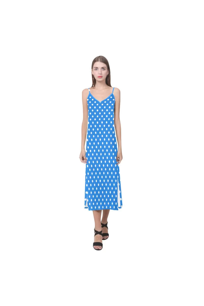 Coral Blue Pollka Dot V-Neck Open Fork Long Dress(Model D18)