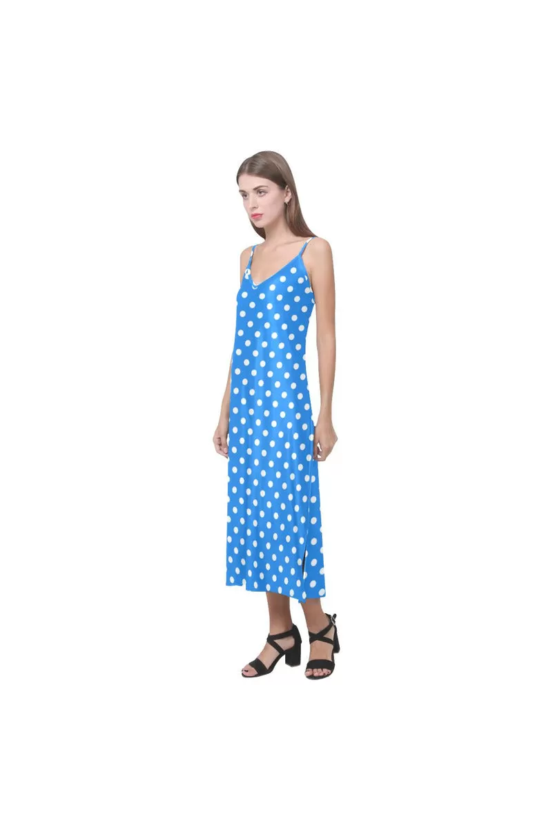 Coral Blue Pollka Dot V-Neck Open Fork Long Dress(Model D18)