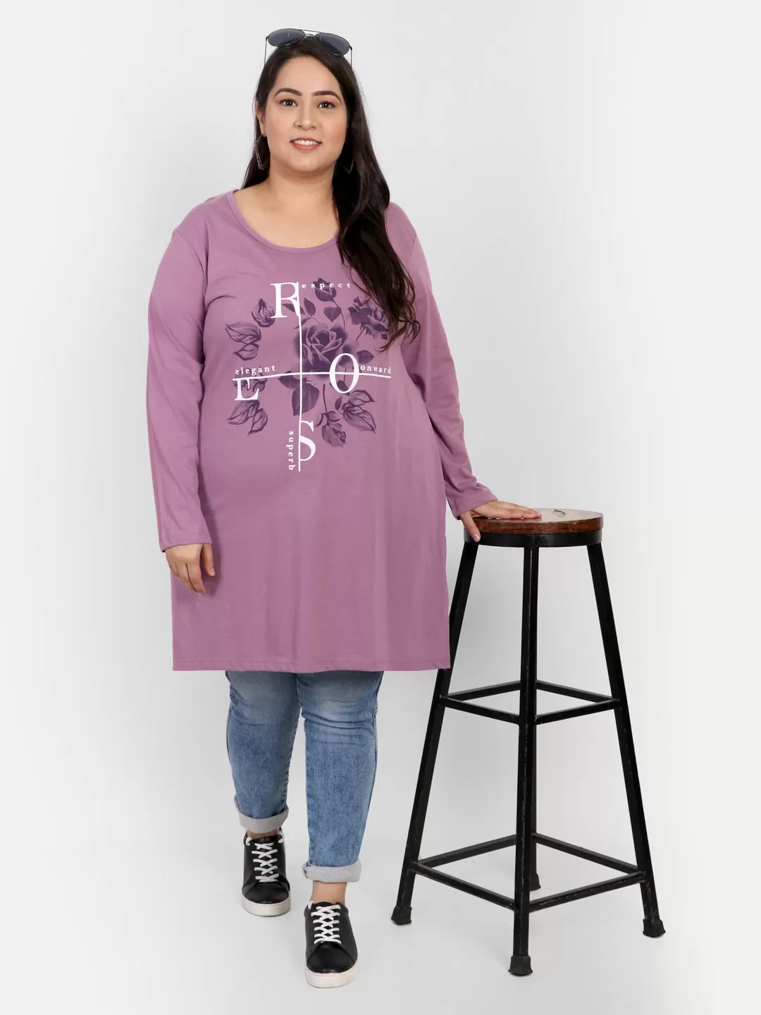 Cotton Long Top for Women Plus Size - Full Sleeve - Lavender