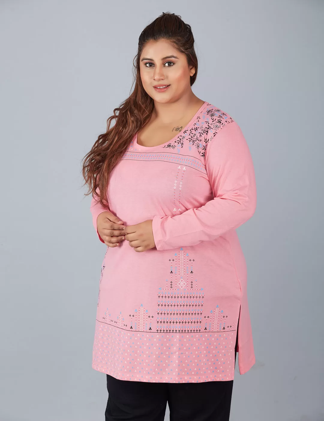 Cotton Long Top for Women Plus Size - Full Sleeve -  Pink