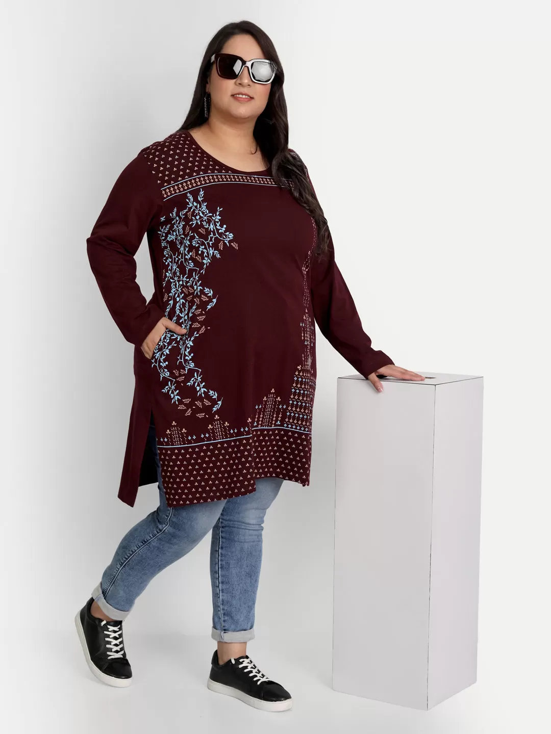 Cotton Long Top for Women Plus Size - Full Sleeve - Wine