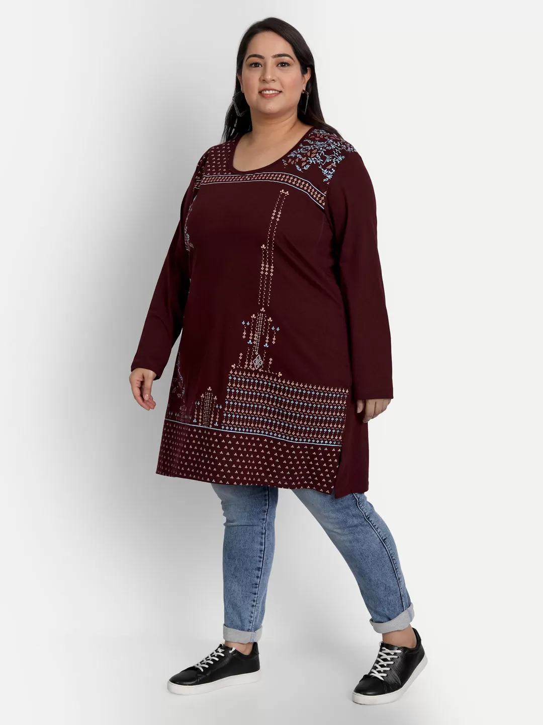 Cotton Long Top for Women Plus Size - Full Sleeve - Wine