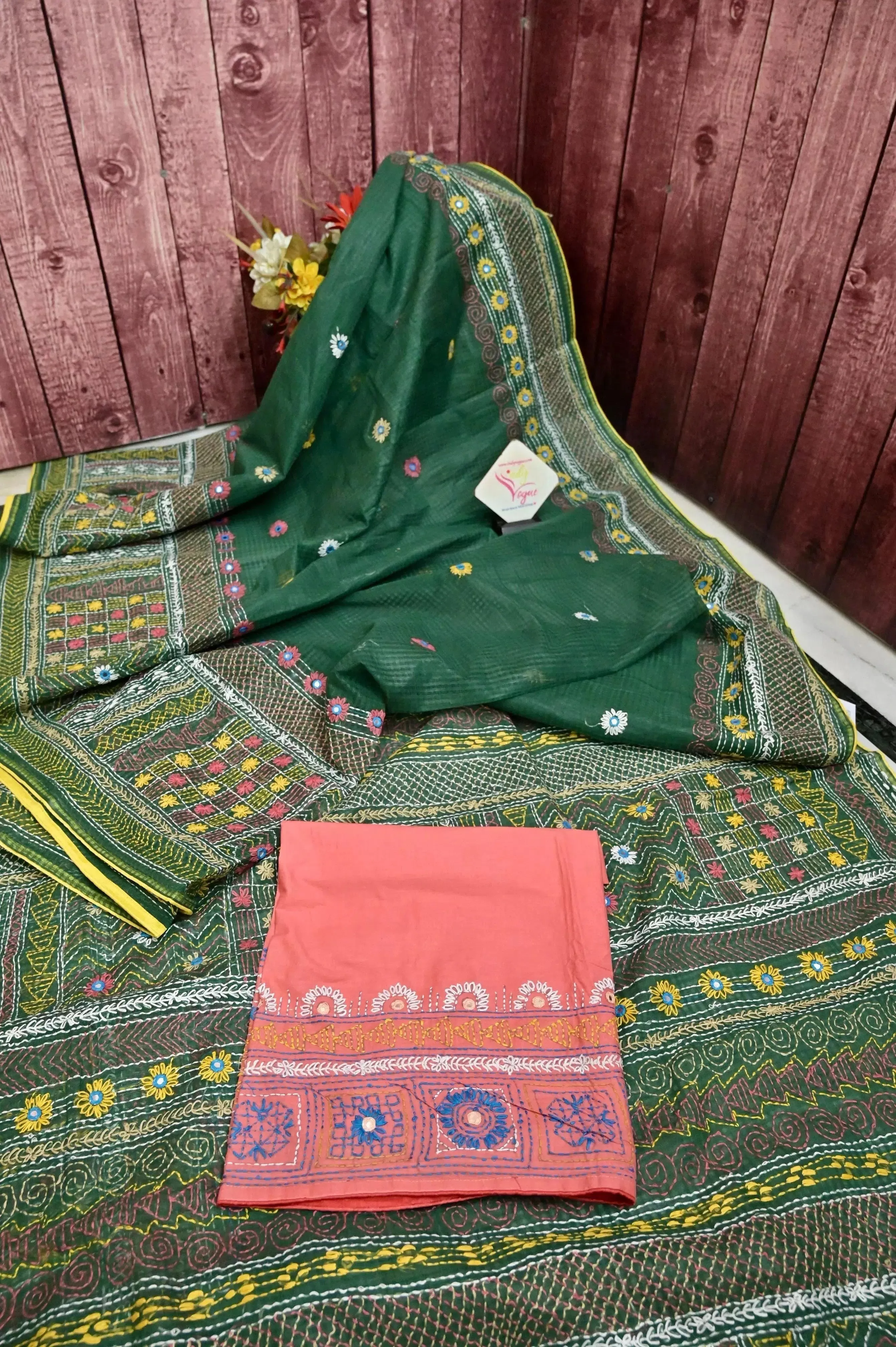 Dark Green Color Resham Kota Saree with Hand Lambani and Mirror Work