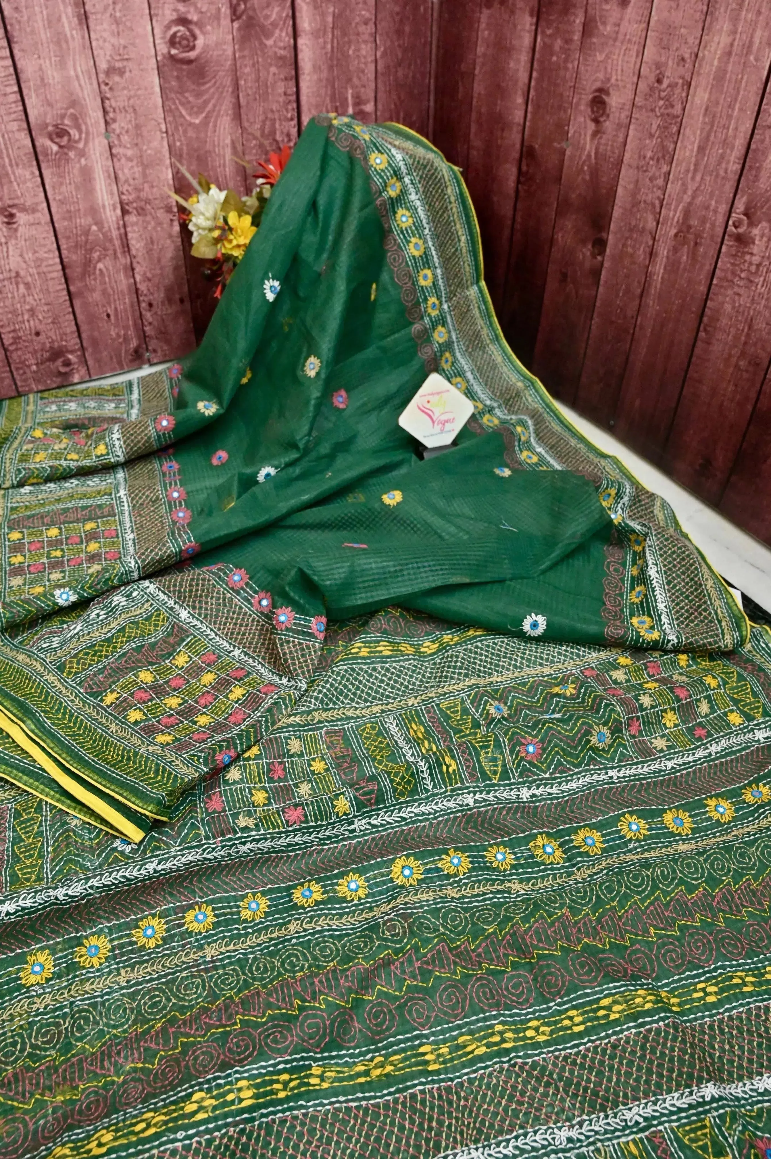 Dark Green Color Resham Kota Saree with Hand Lambani and Mirror Work