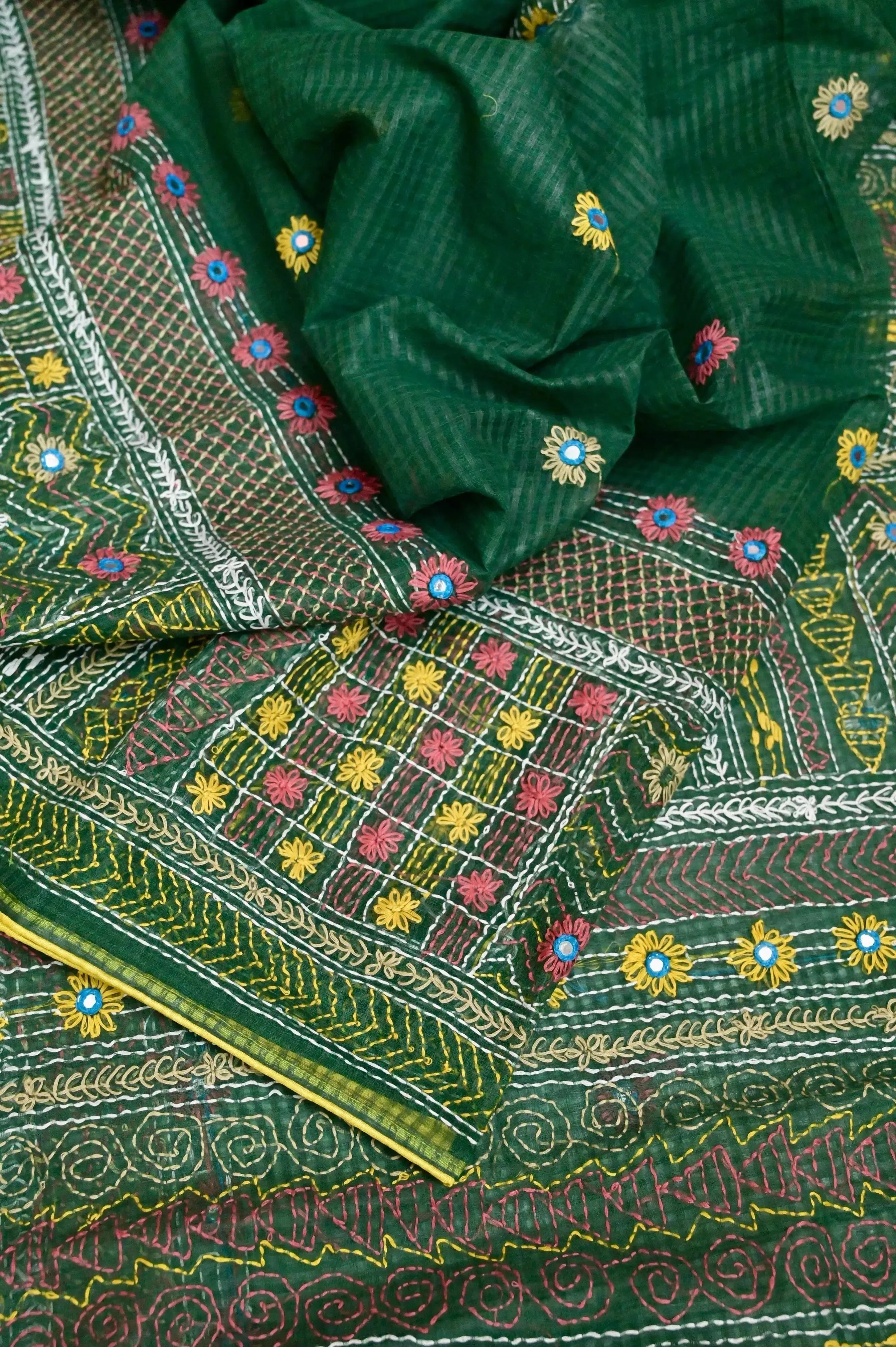 Dark Green Color Resham Kota Saree with Hand Lambani and Mirror Work