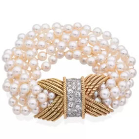 David Webb 18K Gold & Platinum Pearl & 1.50 TCW Diamond Multi-Strand Bracelet