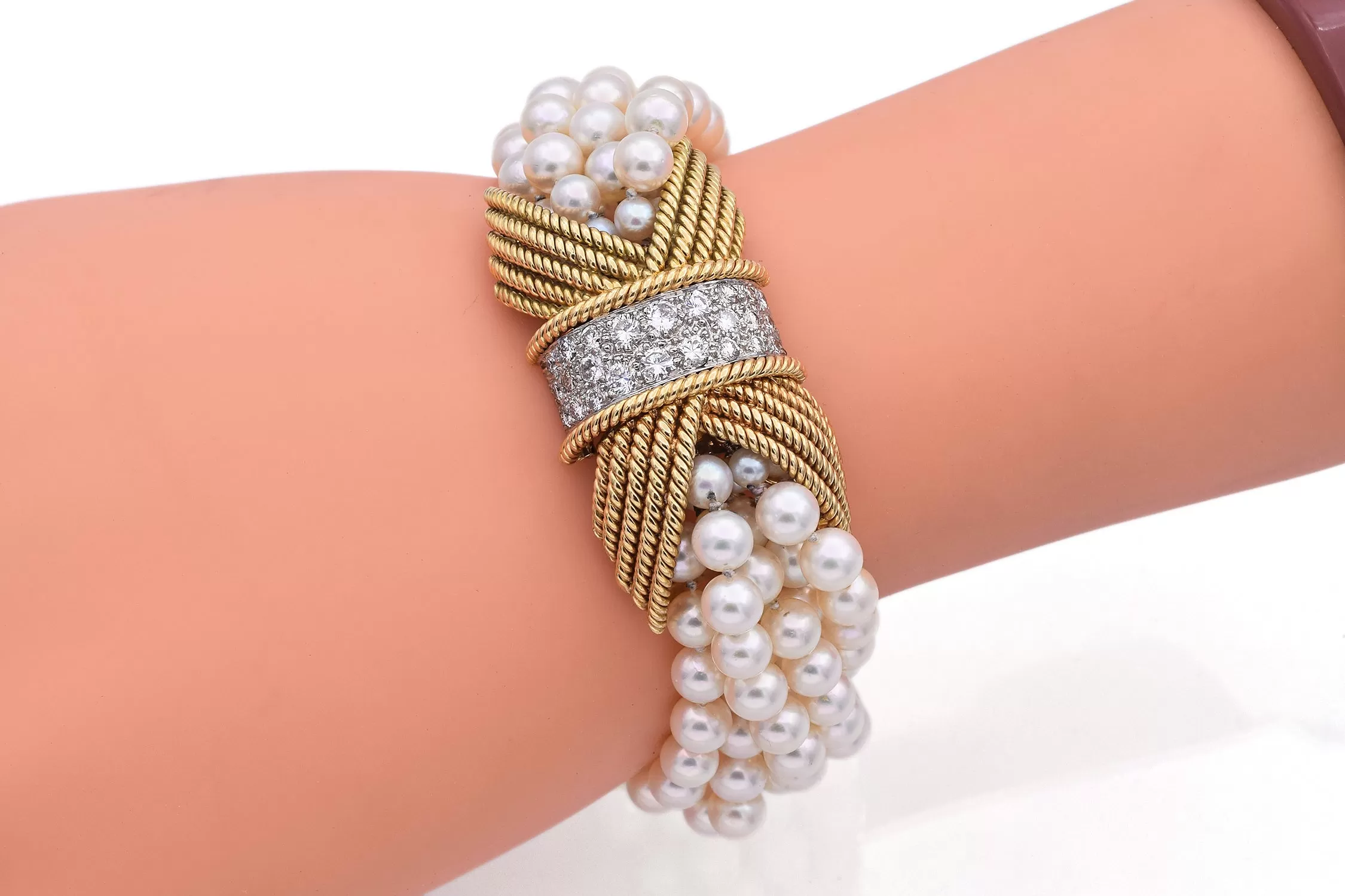 David Webb 18K Gold & Platinum Pearl & 1.50 TCW Diamond Multi-Strand Bracelet