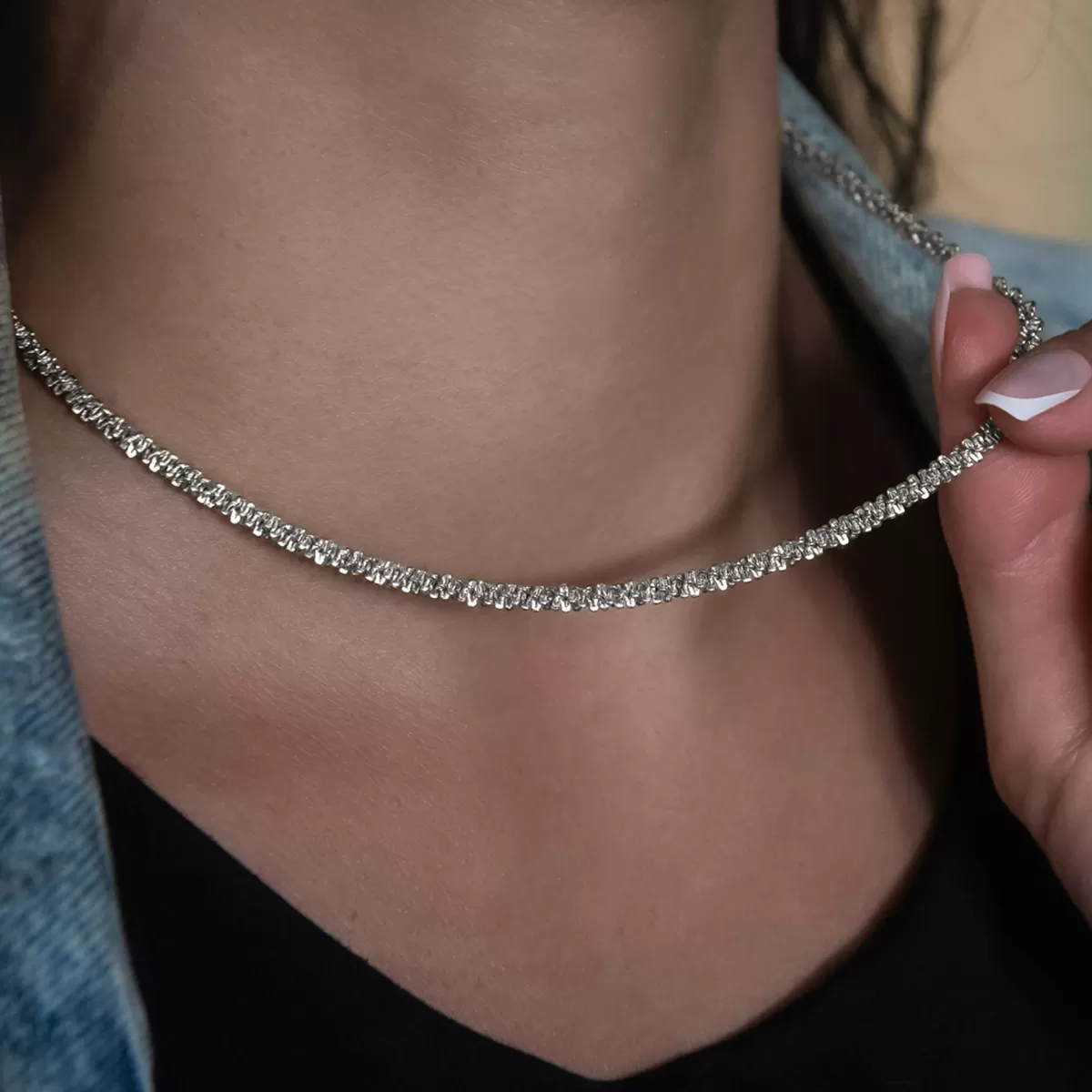 Diamond Cut Popcorn Necklace in White Gold- 4mm