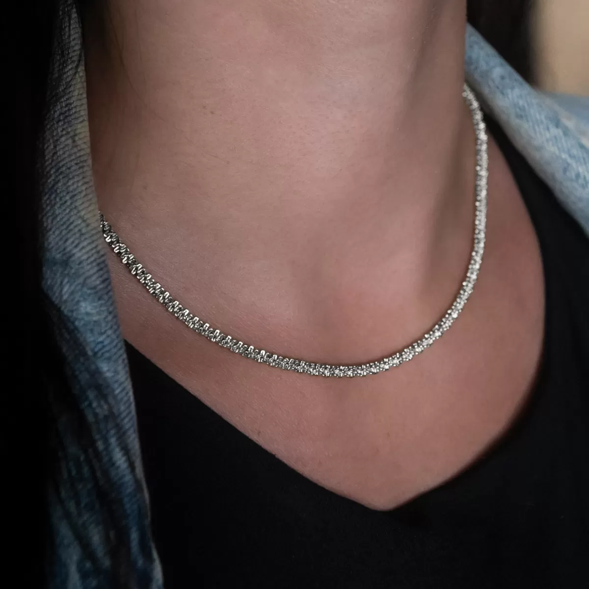 Diamond Cut Popcorn Necklace in White Gold- 4mm