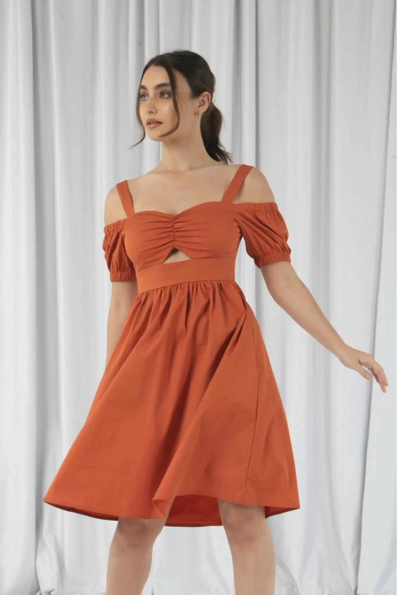 Double Second Orange Bardot Ruched Dress