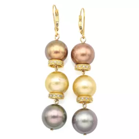 Estate 14K Gold Tricolor South Sea Pearl & 0.48 TCW Diamond Leverback Earrings