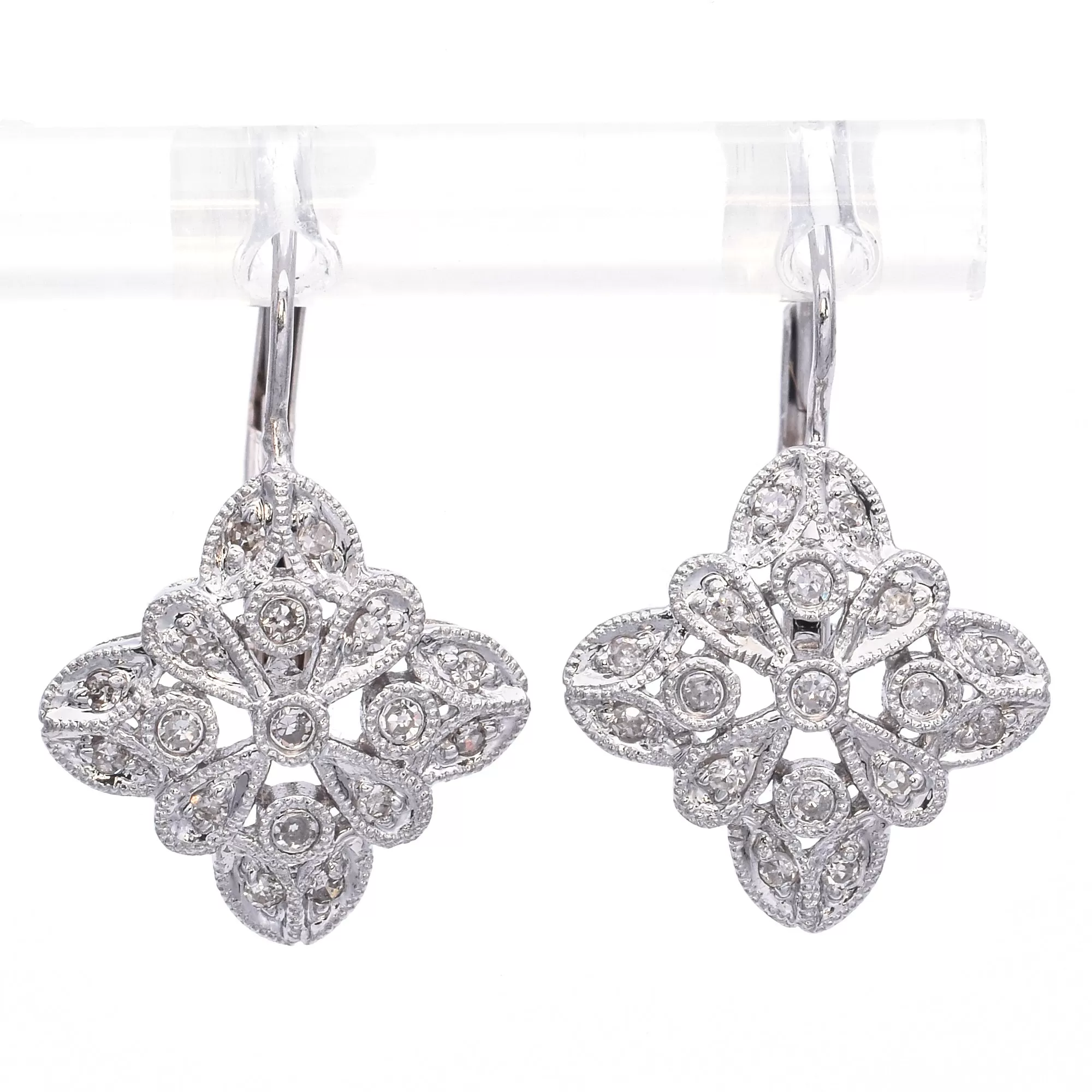 Estate 14K White Gold 0.32 TCW Diamond Leverback Dangle Earrings