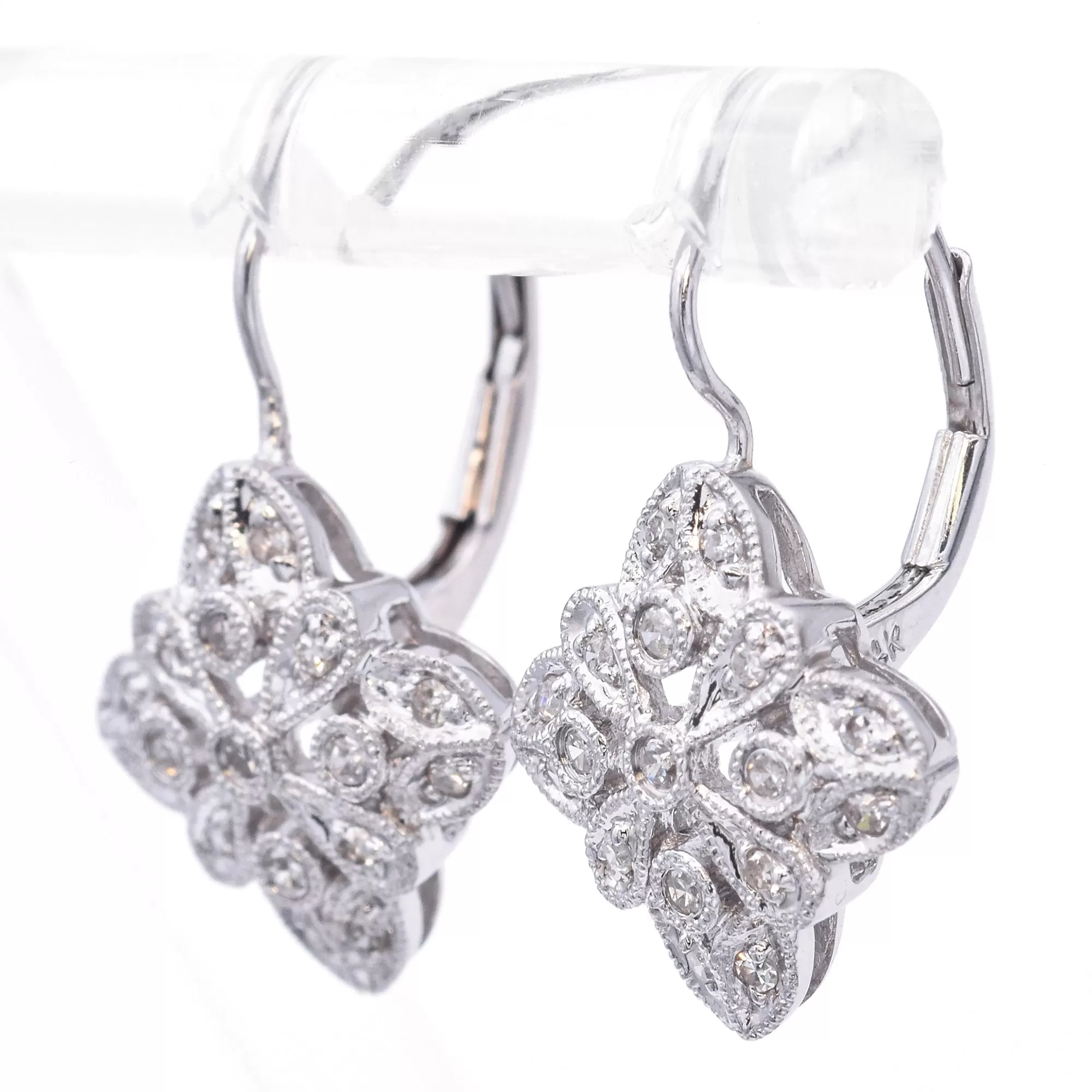 Estate 14K White Gold 0.32 TCW Diamond Leverback Dangle Earrings