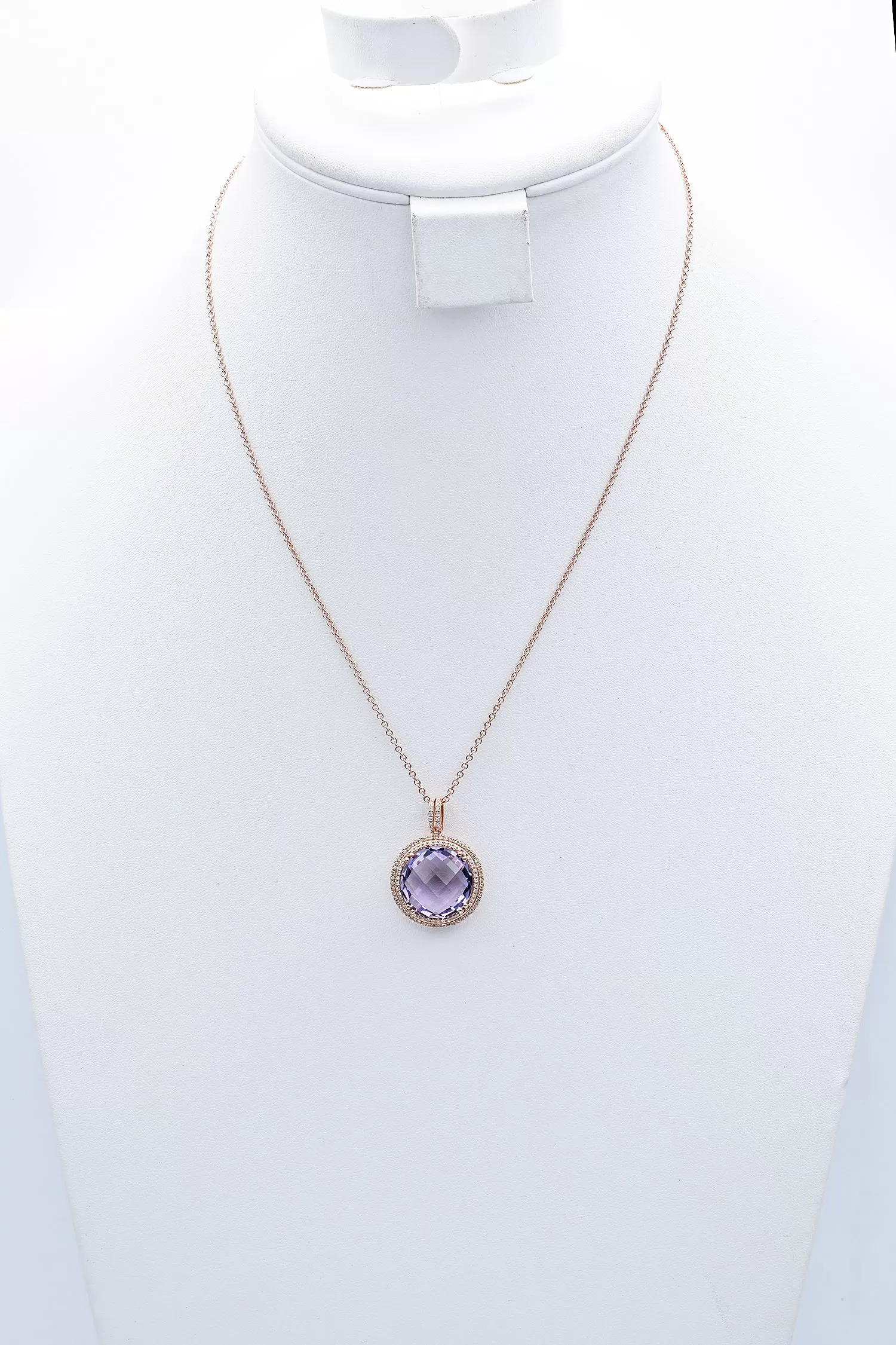 Estate 9.16 Ct Amethyst & 0.61 TCW Diamond 14K Rose Gold Pendant Necklace Box