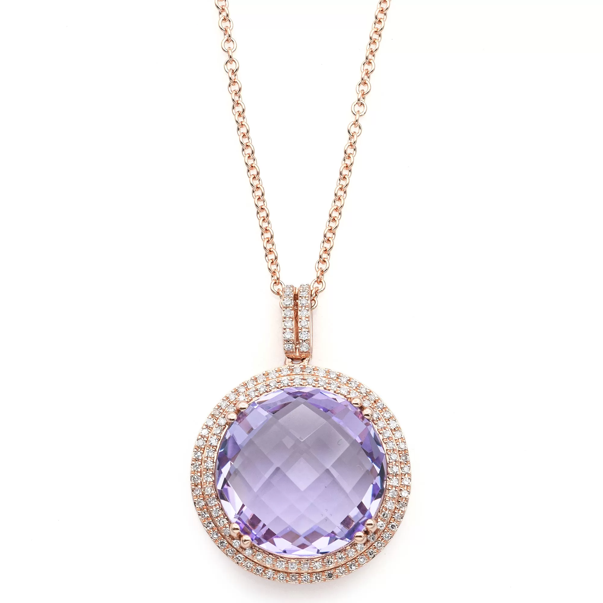 Estate 9.16 Ct Amethyst & 0.61 TCW Diamond 14K Rose Gold Pendant Necklace Box