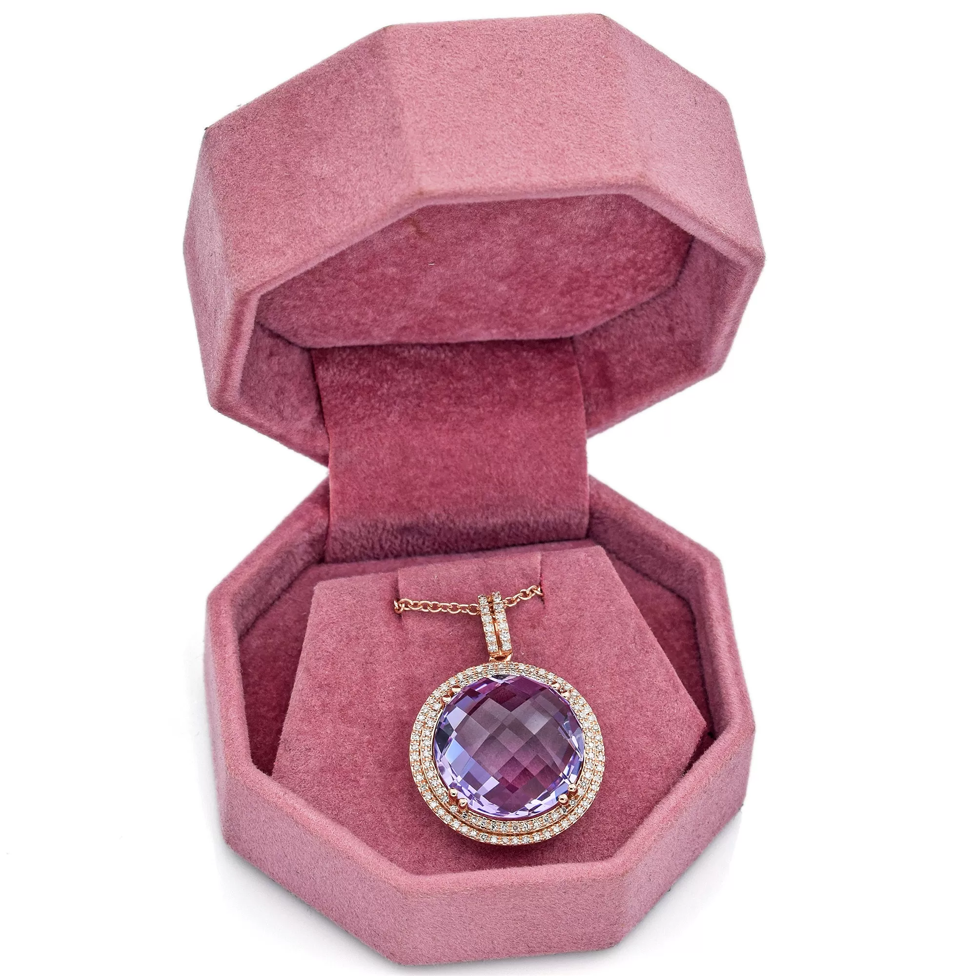 Estate 9.16 Ct Amethyst & 0.61 TCW Diamond 14K Rose Gold Pendant Necklace Box