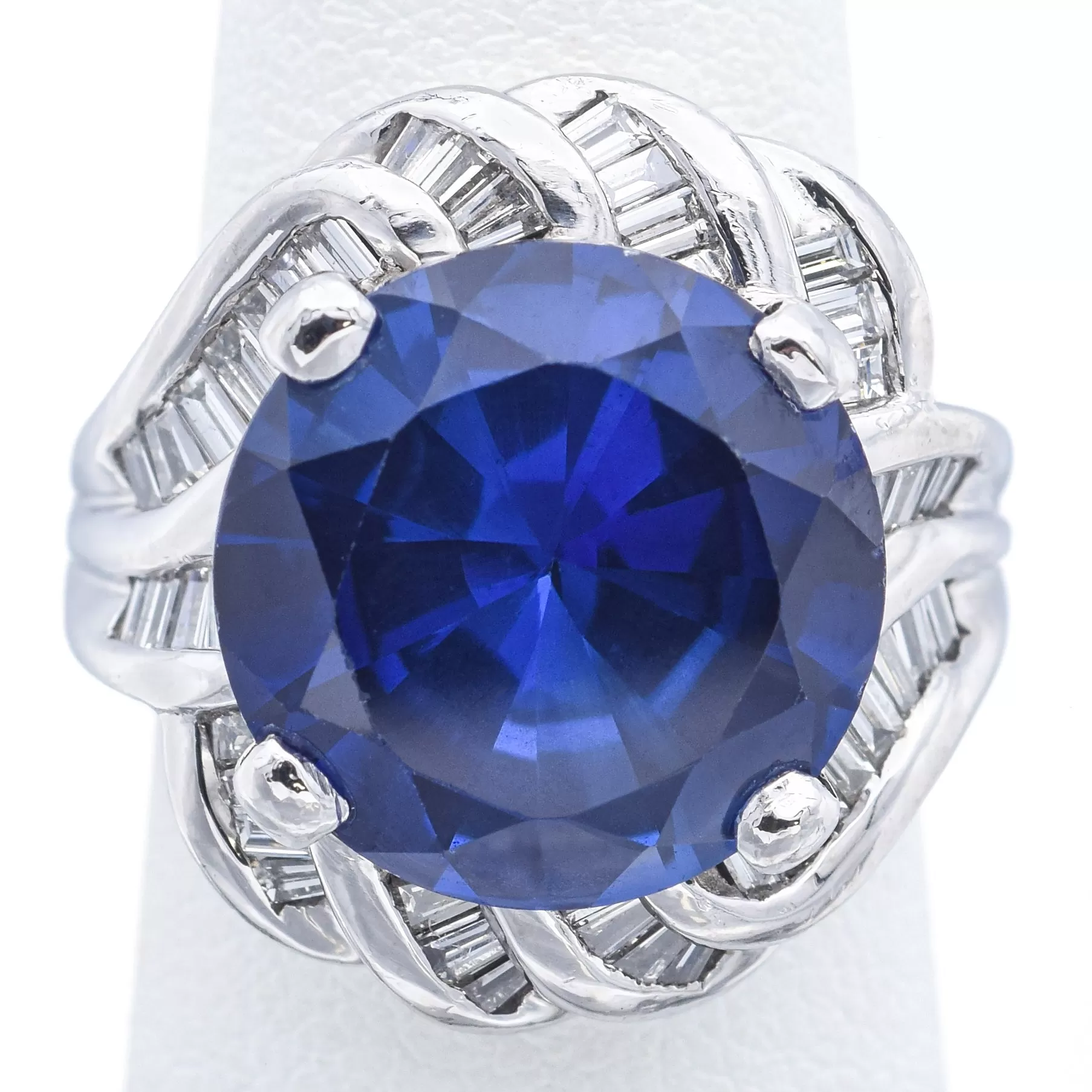 Estate Platinum 10.30 Ct Lab Sapphire & 0.96 TCW Diamond Cocktail Ring Size 5