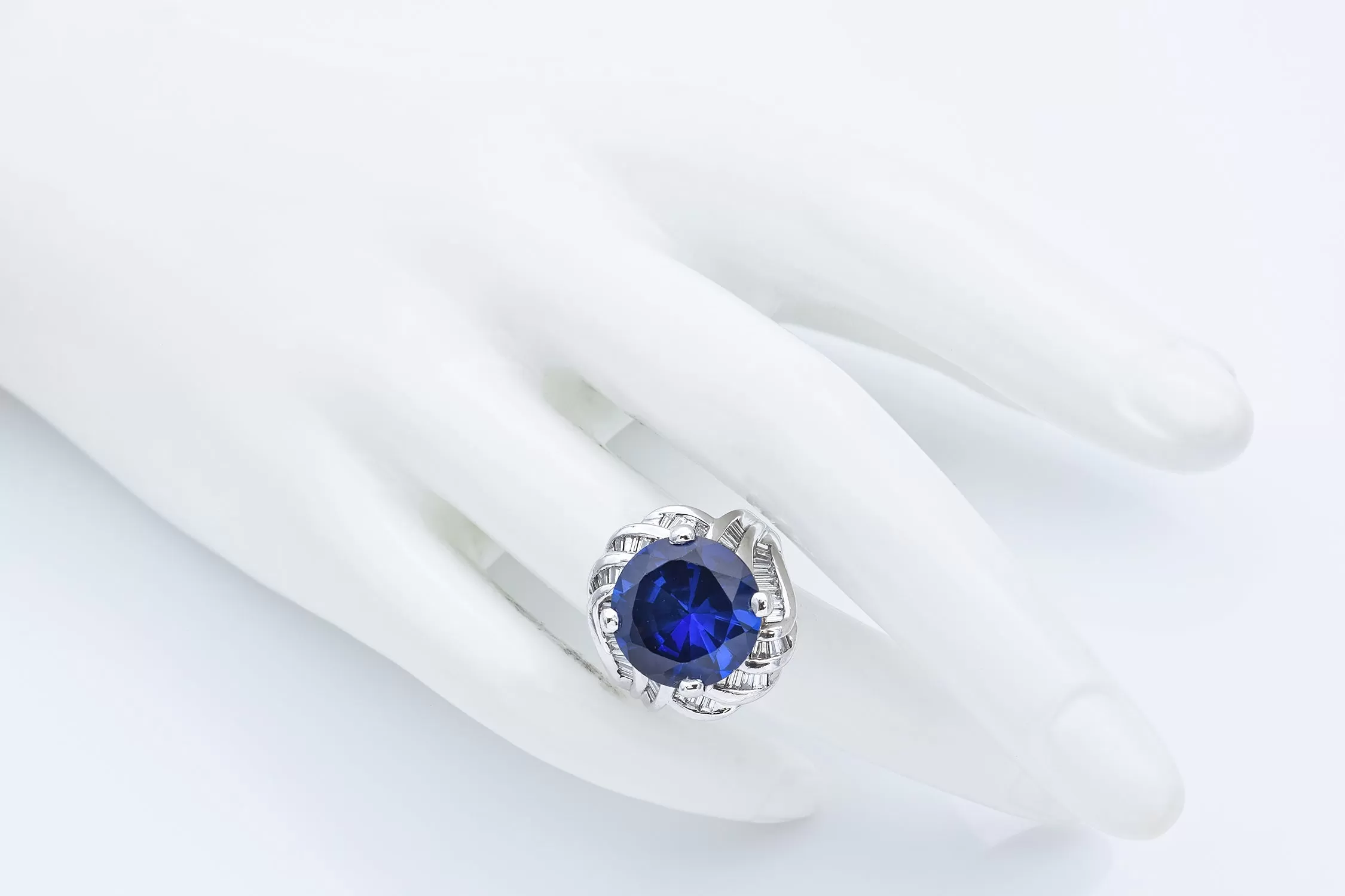 Estate Platinum 10.30 Ct Lab Sapphire & 0.96 TCW Diamond Cocktail Ring Size 5