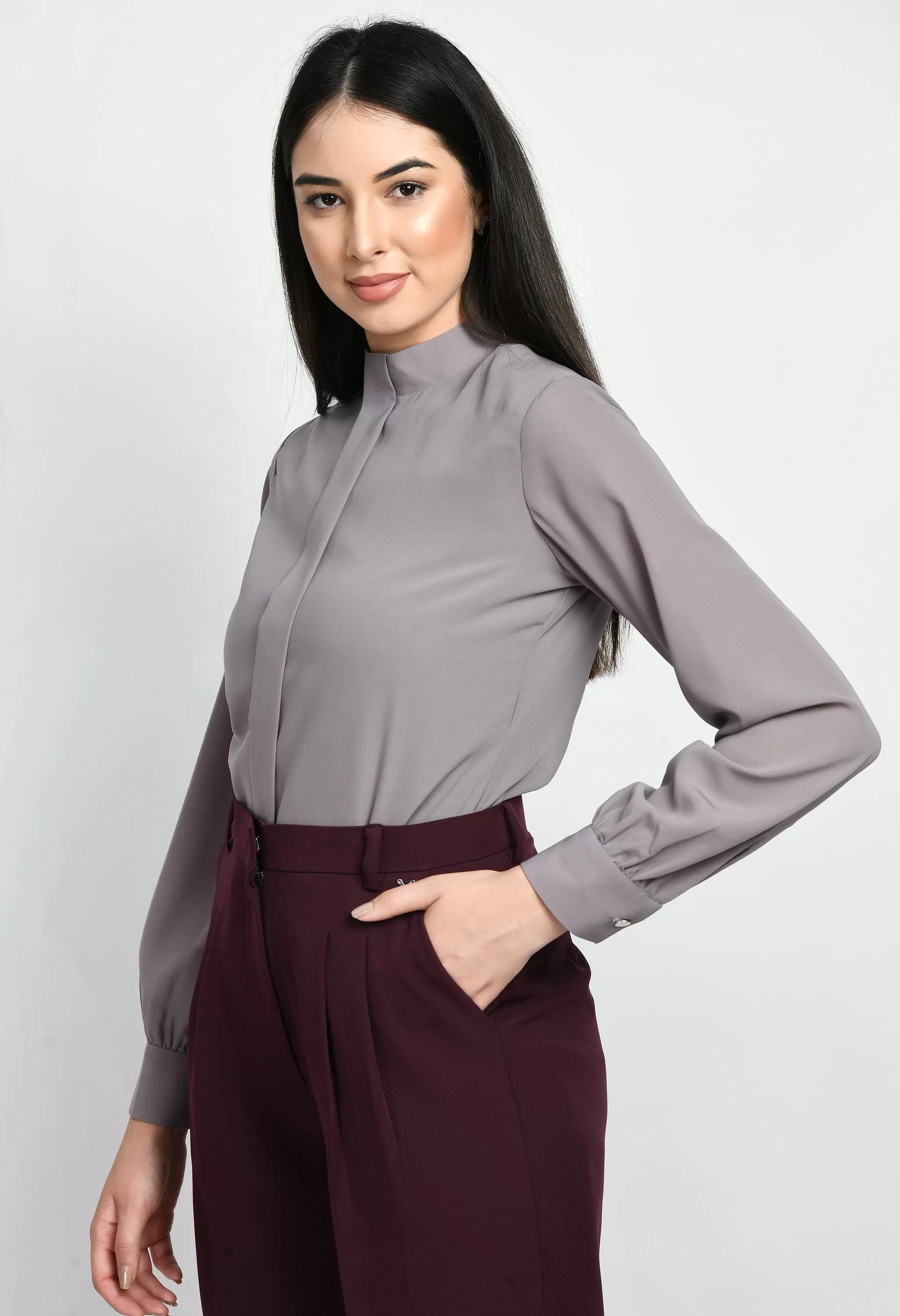 Exude Foresight High Neck Front Pleat Top (Lilac Grey)