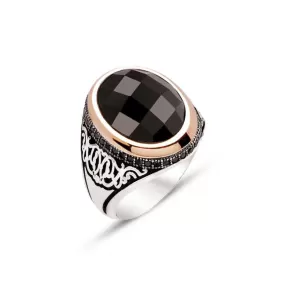 Facet Cut Black Zircon Stone Ellipse Silver Men’s Ring Siding Zircons and Curvy Pattern