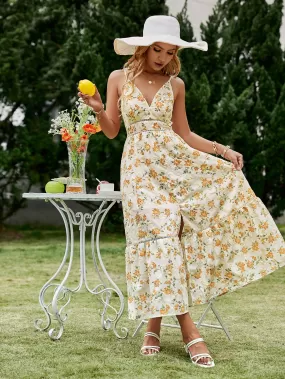 Floral Fake Pearl Button Slit Maxi Dress