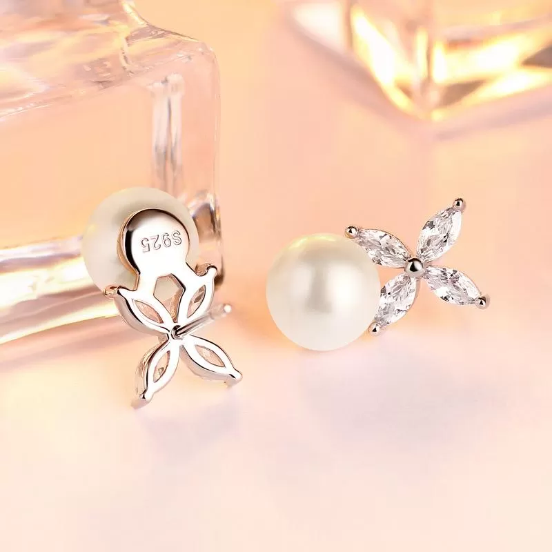 Four Leaves Clover With Pearl Stud Earrings