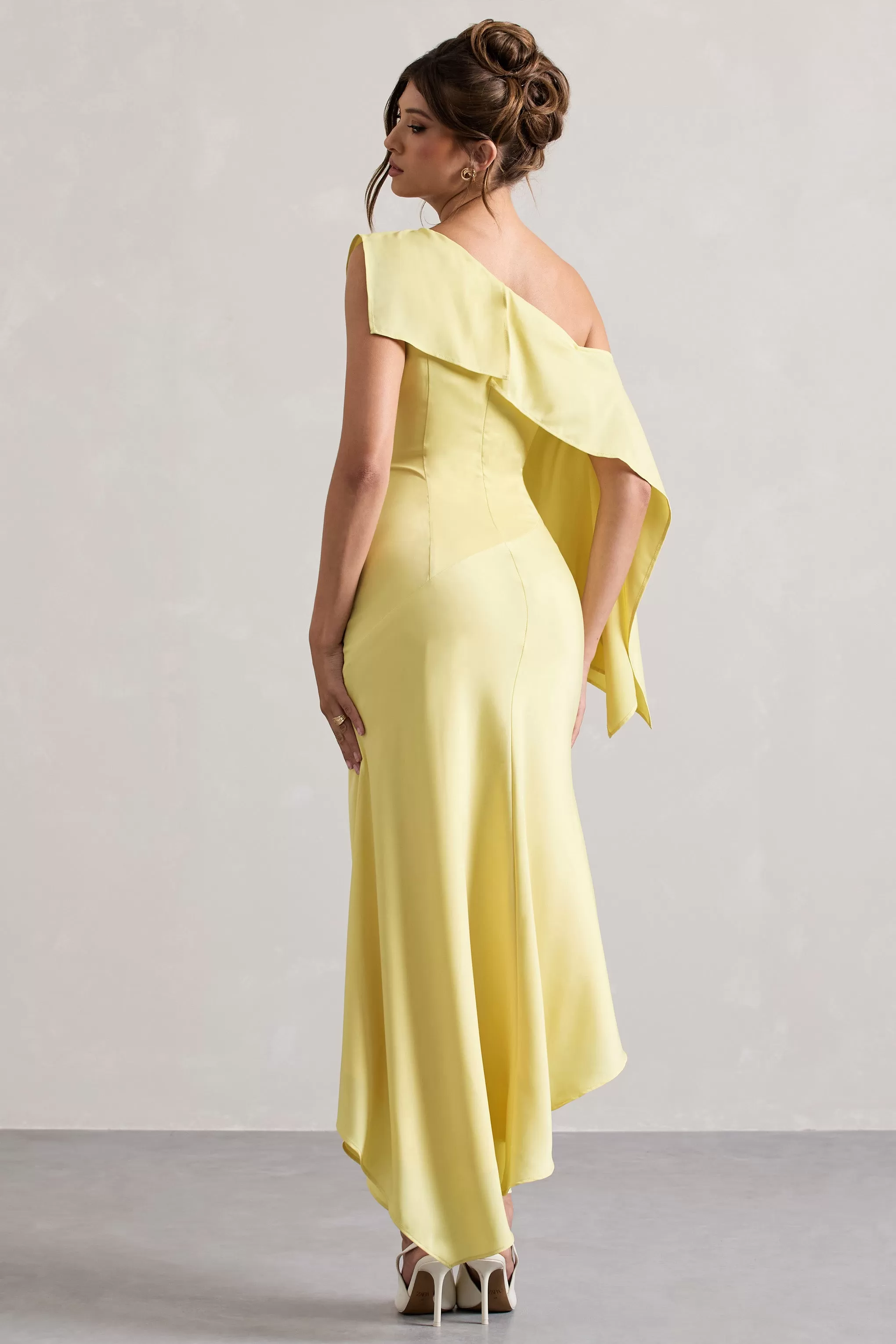 Freesia | Lemon Satin Asymmetric Draped Split Maxi Dress