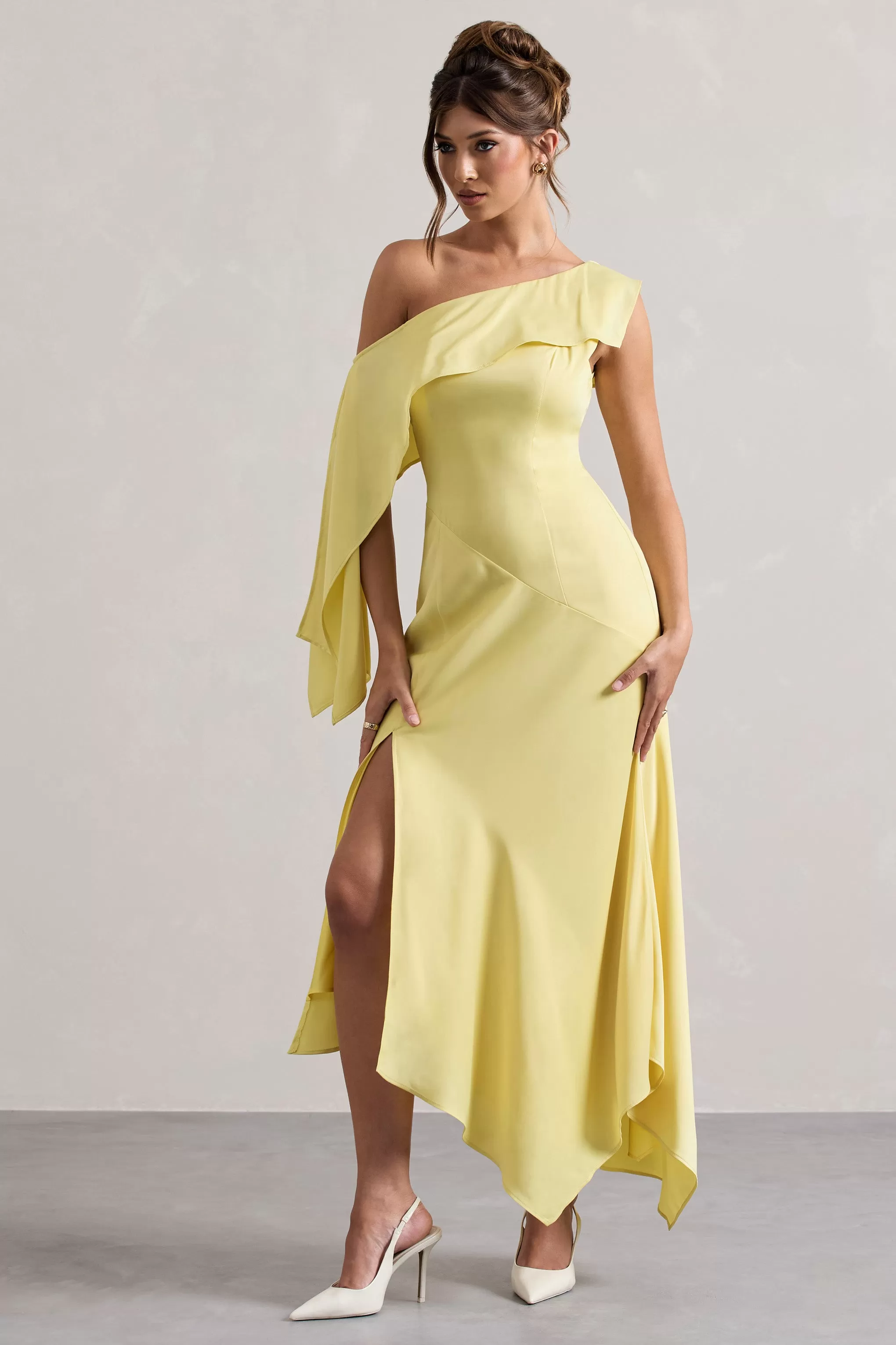 Freesia | Lemon Satin Asymmetric Draped Split Maxi Dress