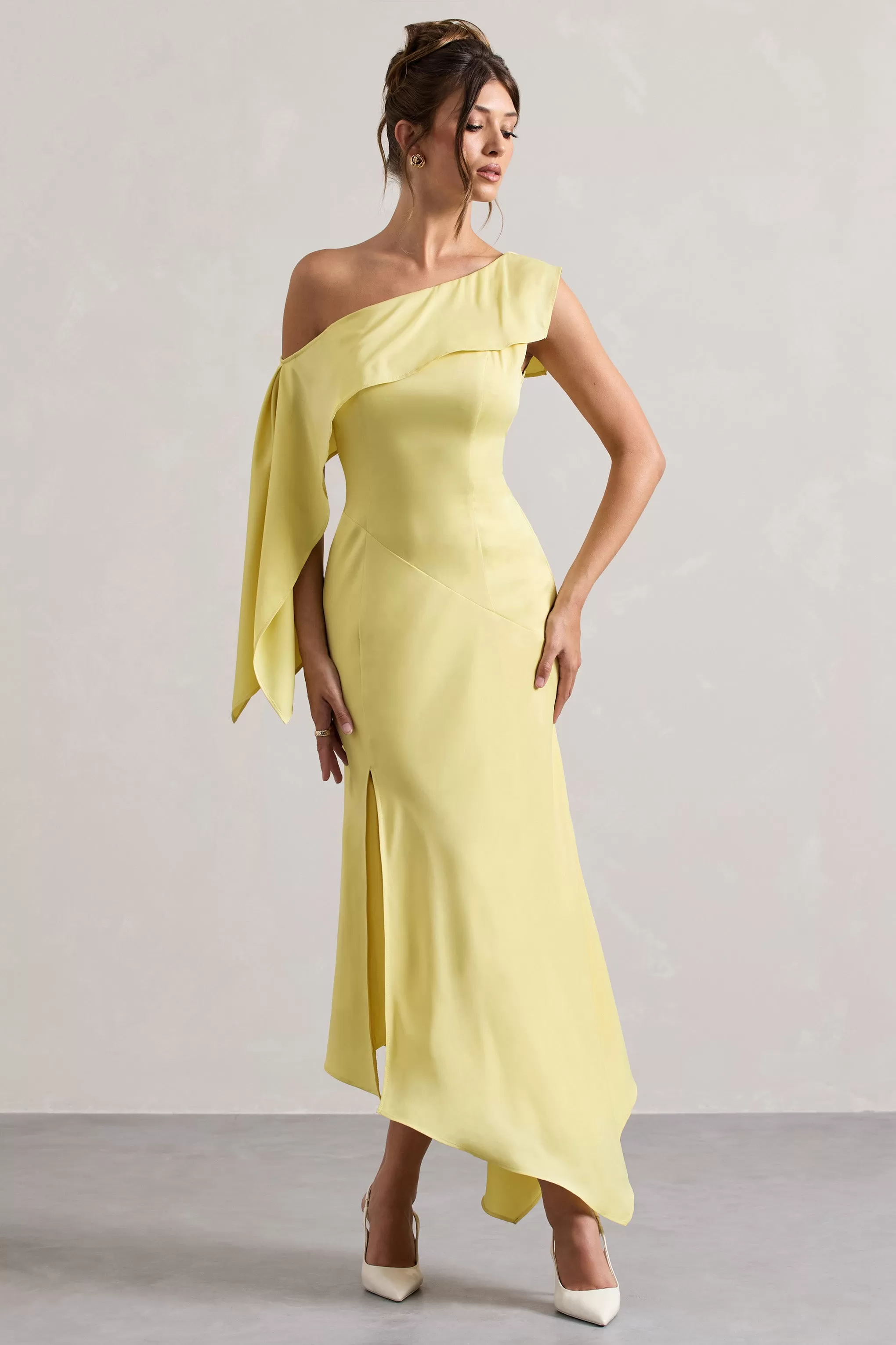 Freesia | Lemon Satin Asymmetric Draped Split Maxi Dress