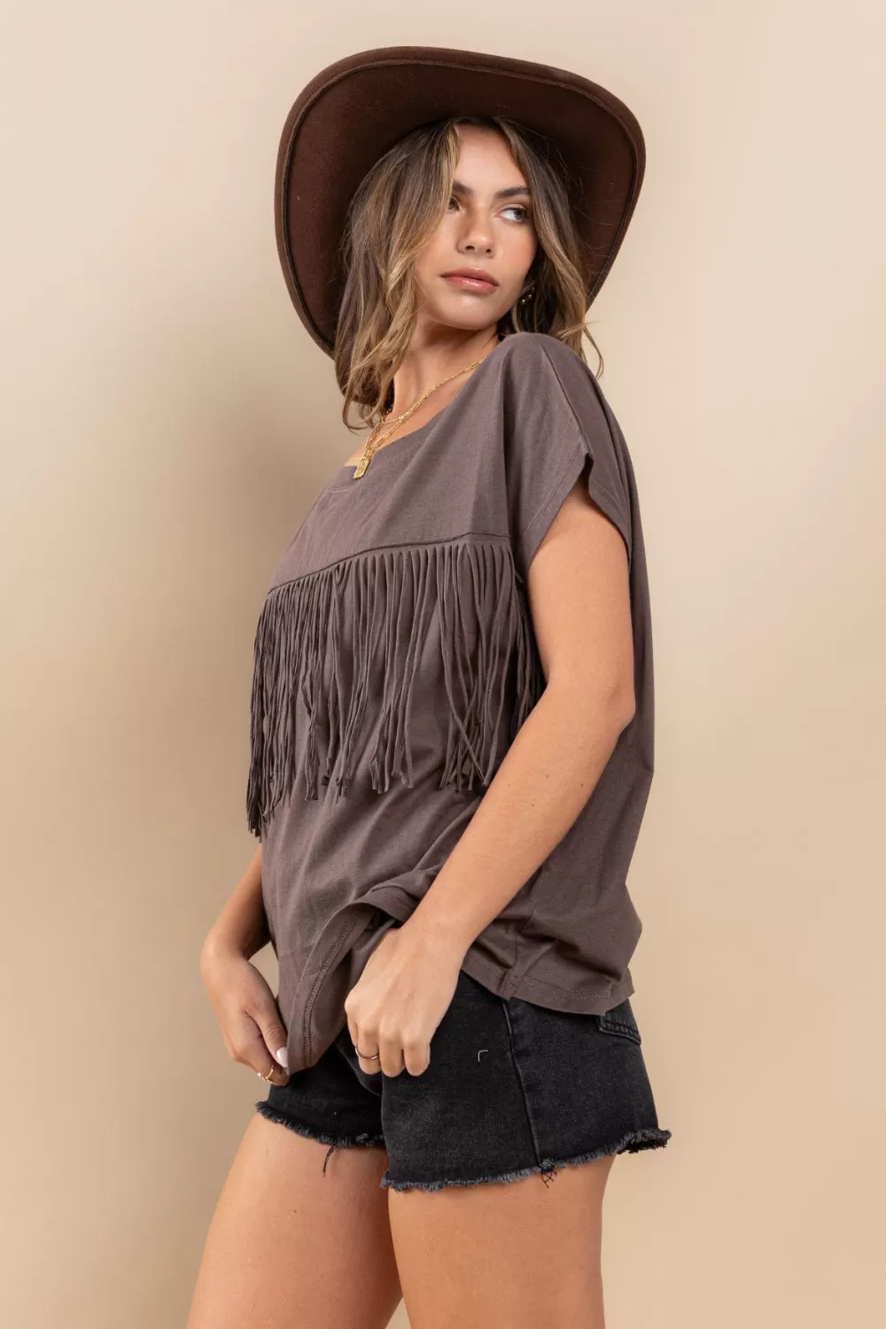 Fringe Detail Round Neck Short Sleeve Top Charcoal