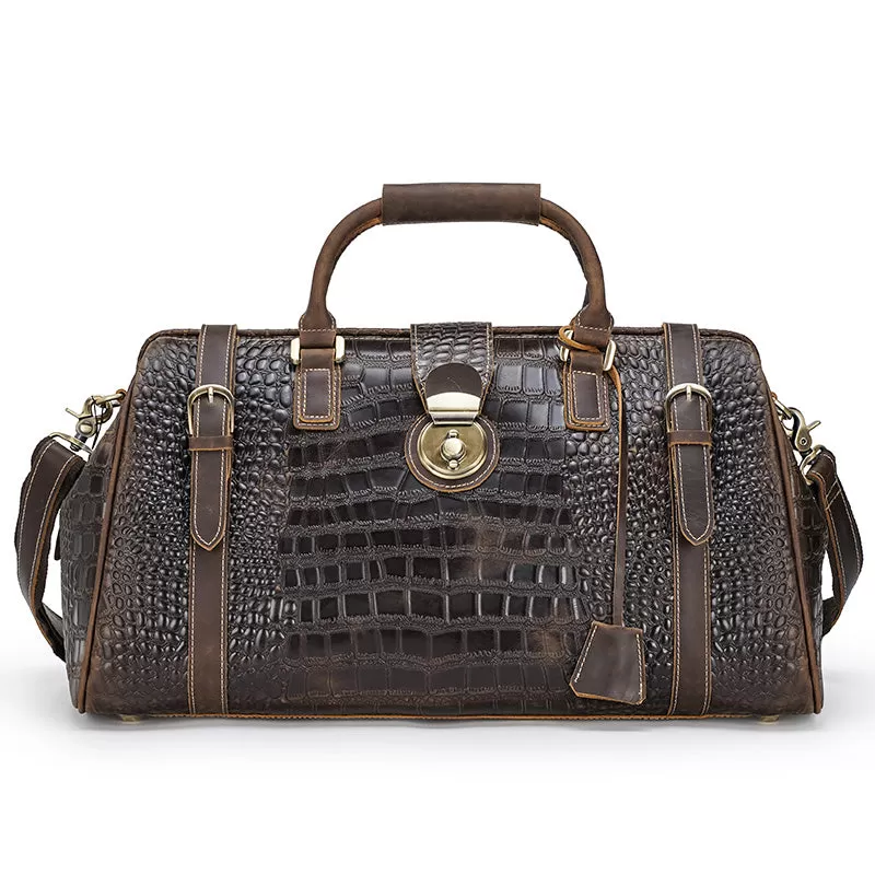 Genuine Leather Crocodile Embossed Weekend Travel Bag