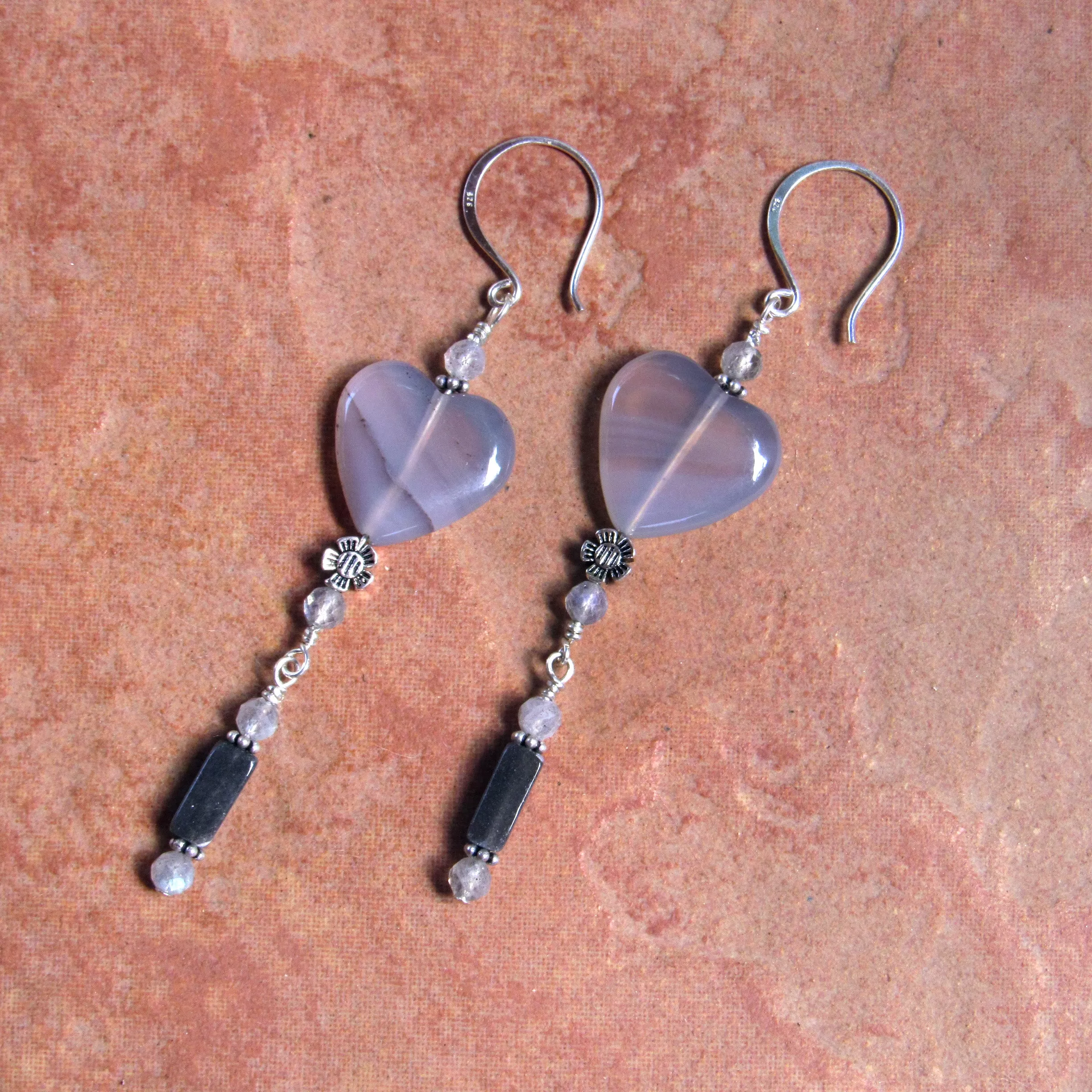 Grey Agate gemstone Hearts, Labradorites, Black Moonstones, Sterling Silver Drop Earrings