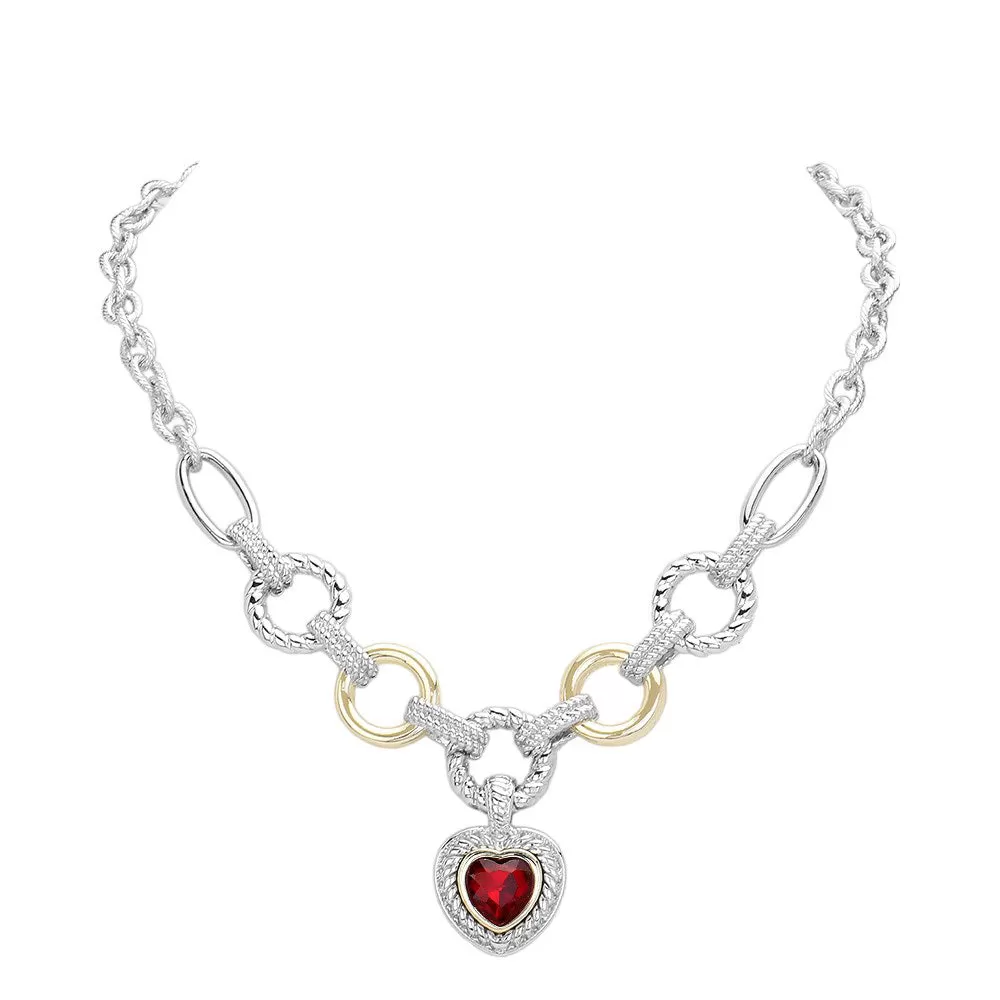 Heart Stone Charm Two Tone Textured Metal Toggle Necklace