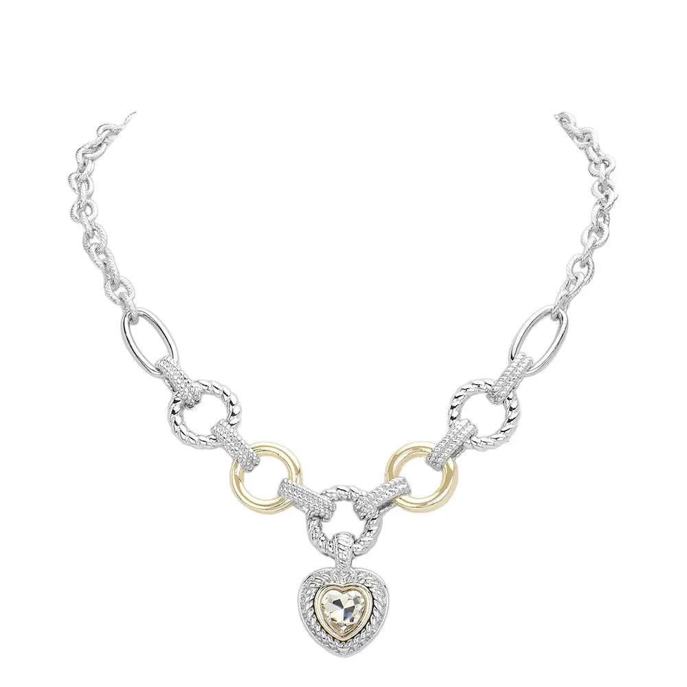 Heart Stone Charm Two Tone Textured Metal Toggle Necklace