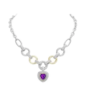 Heart Stone Charm Two Tone Textured Metal Toggle Necklace