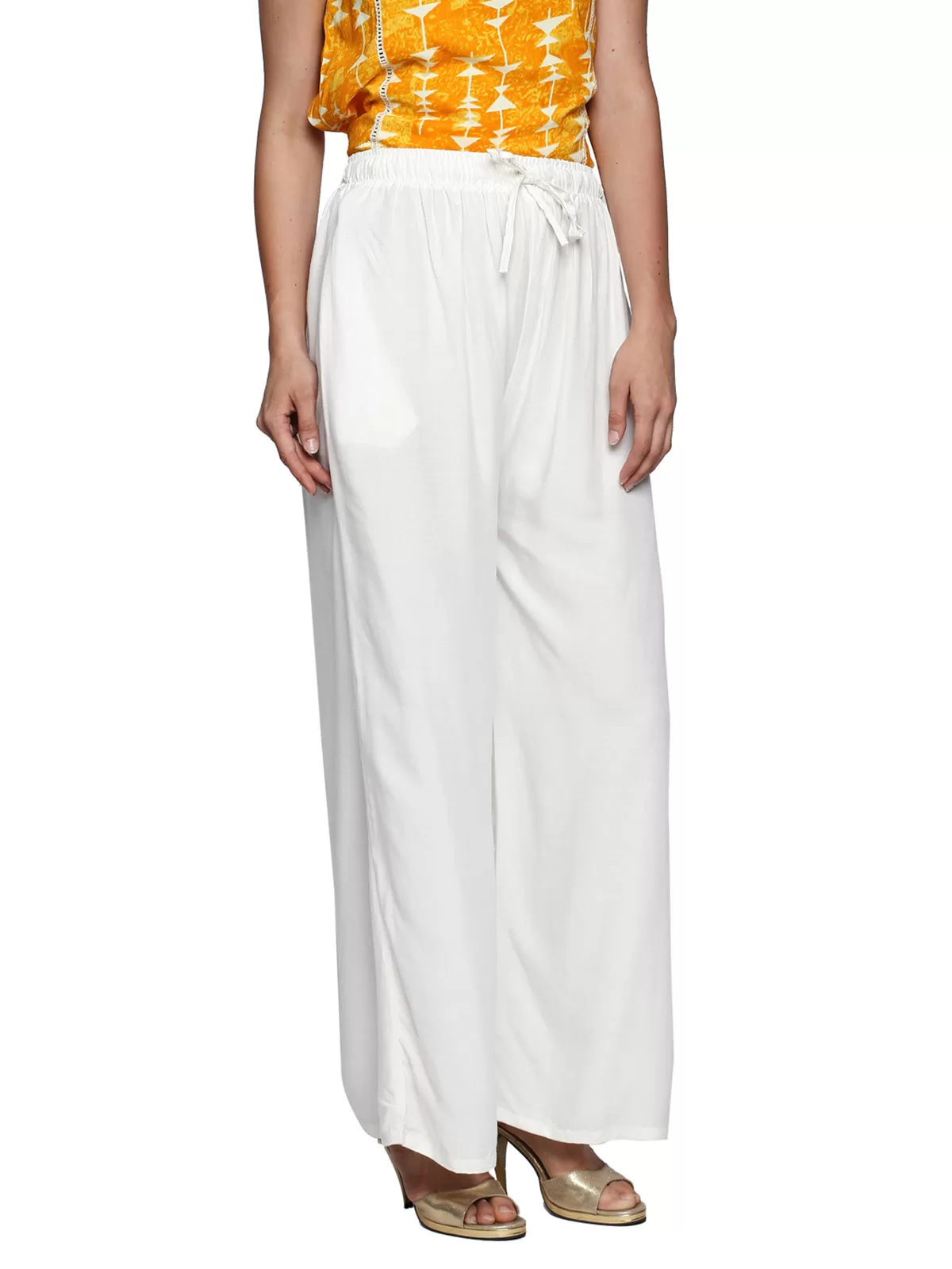 Ishin White Cotton Solid Women's Flared Palazzo