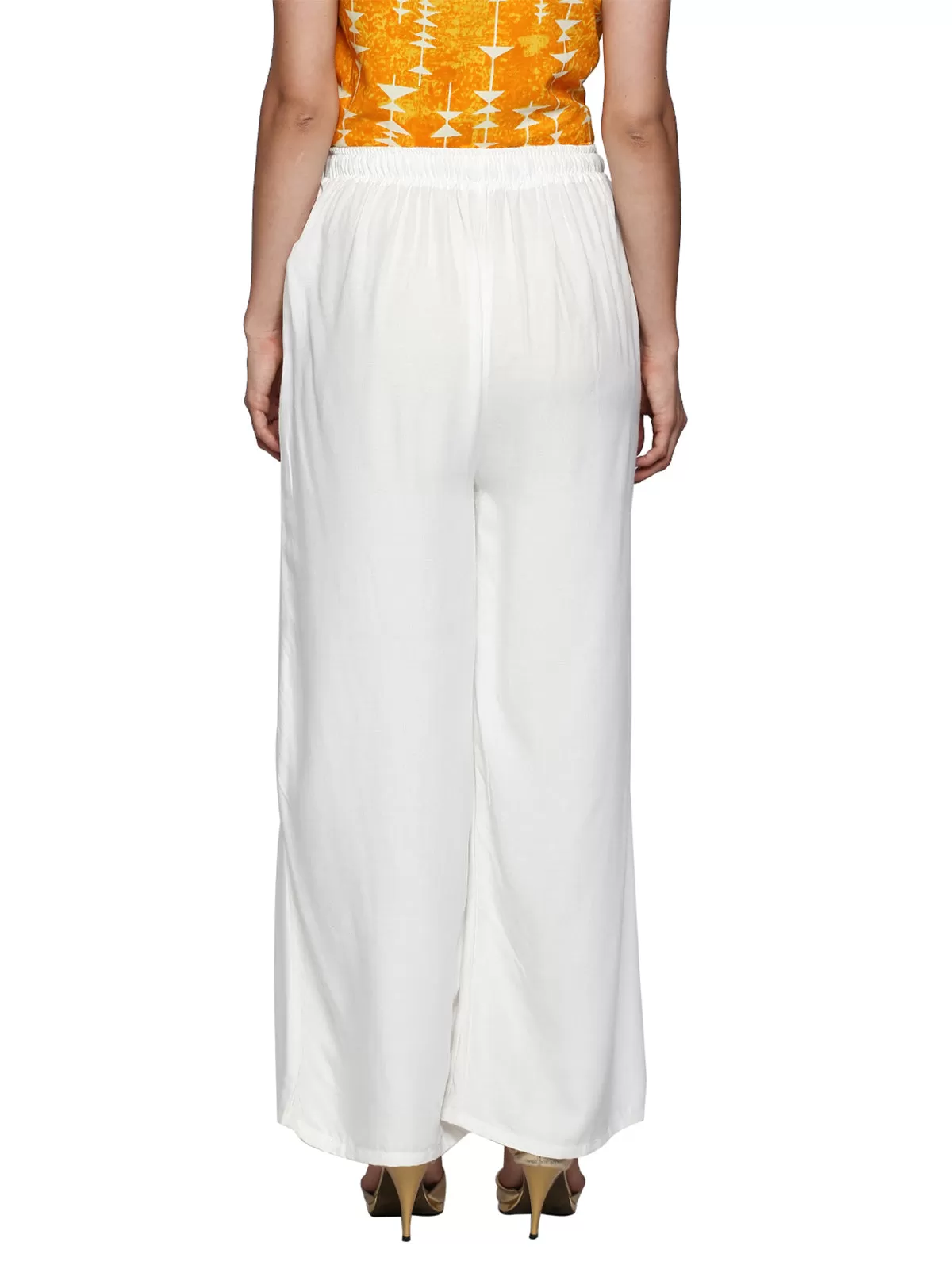 Ishin White Cotton Solid Women's Flared Palazzo